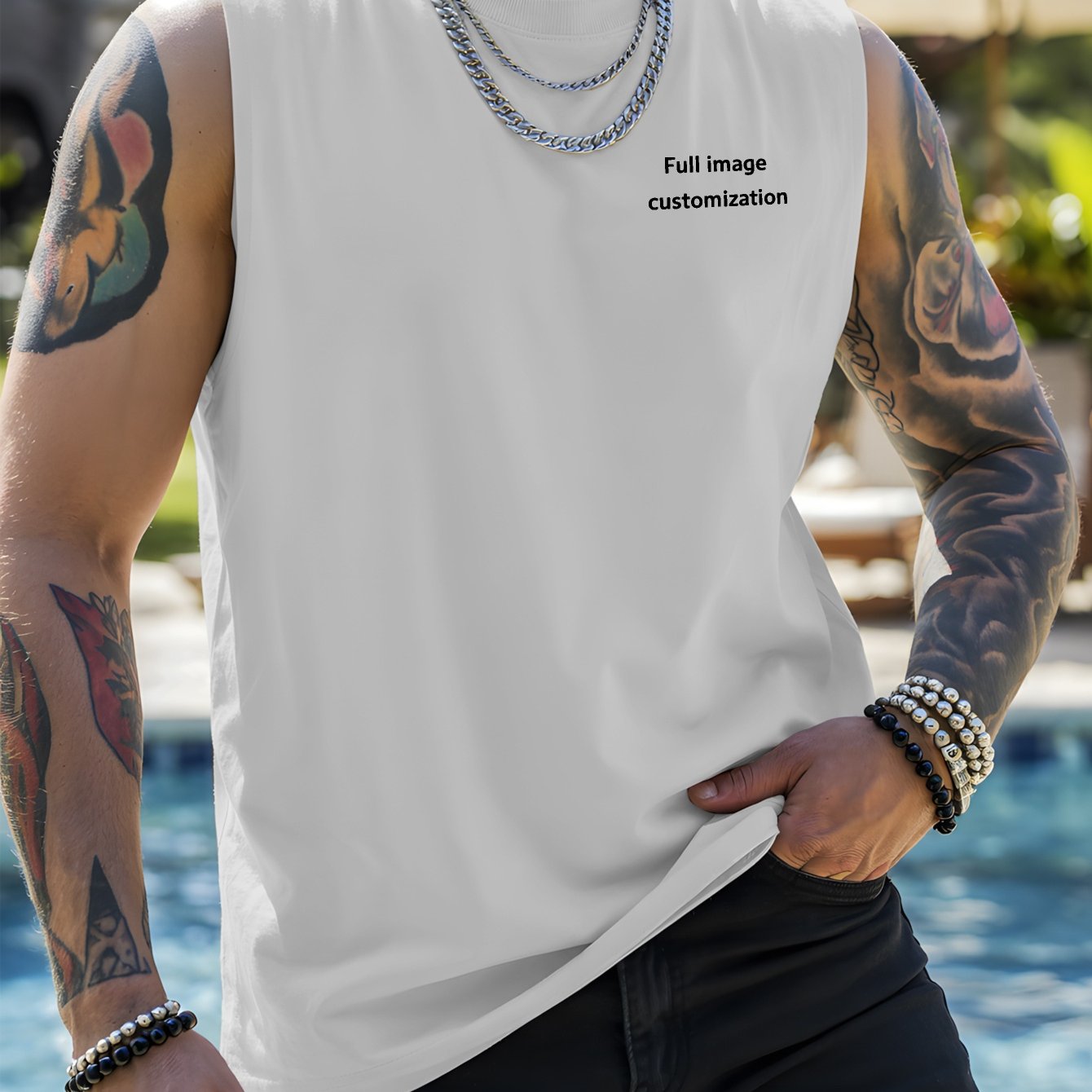 TEMU Men's Custom Front/back Printed Sleeveless Fitness Vest - Moisture-wicking Breathable Activewear Shirt, Personalized Gym & Outdoor T-shirt
