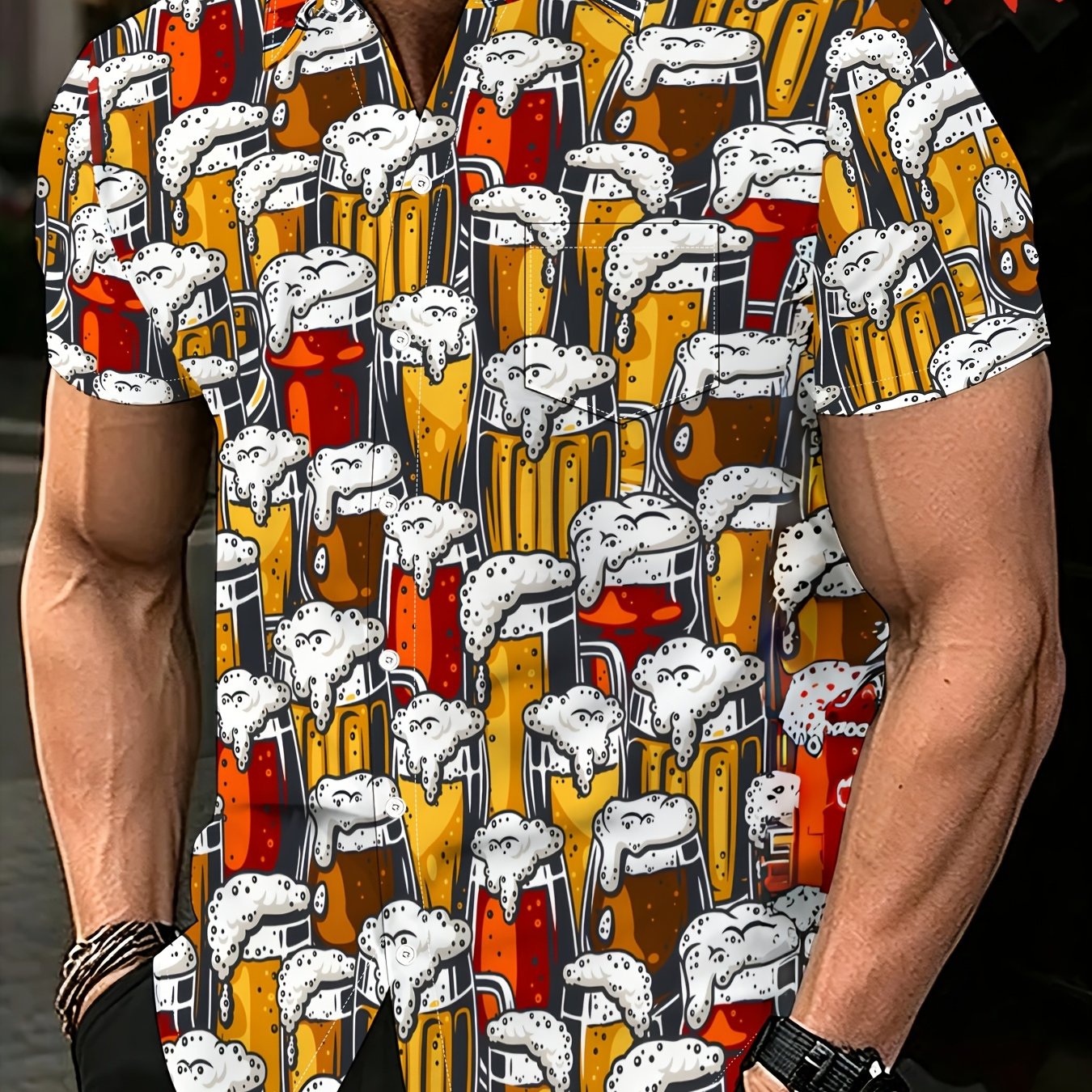 TEMU [printed Design – Not Textured/embroidery/sequins] Plus Size Men's Beer Print Short Sleeve Shirt With Chest Pocket, For Beach And Outdoor