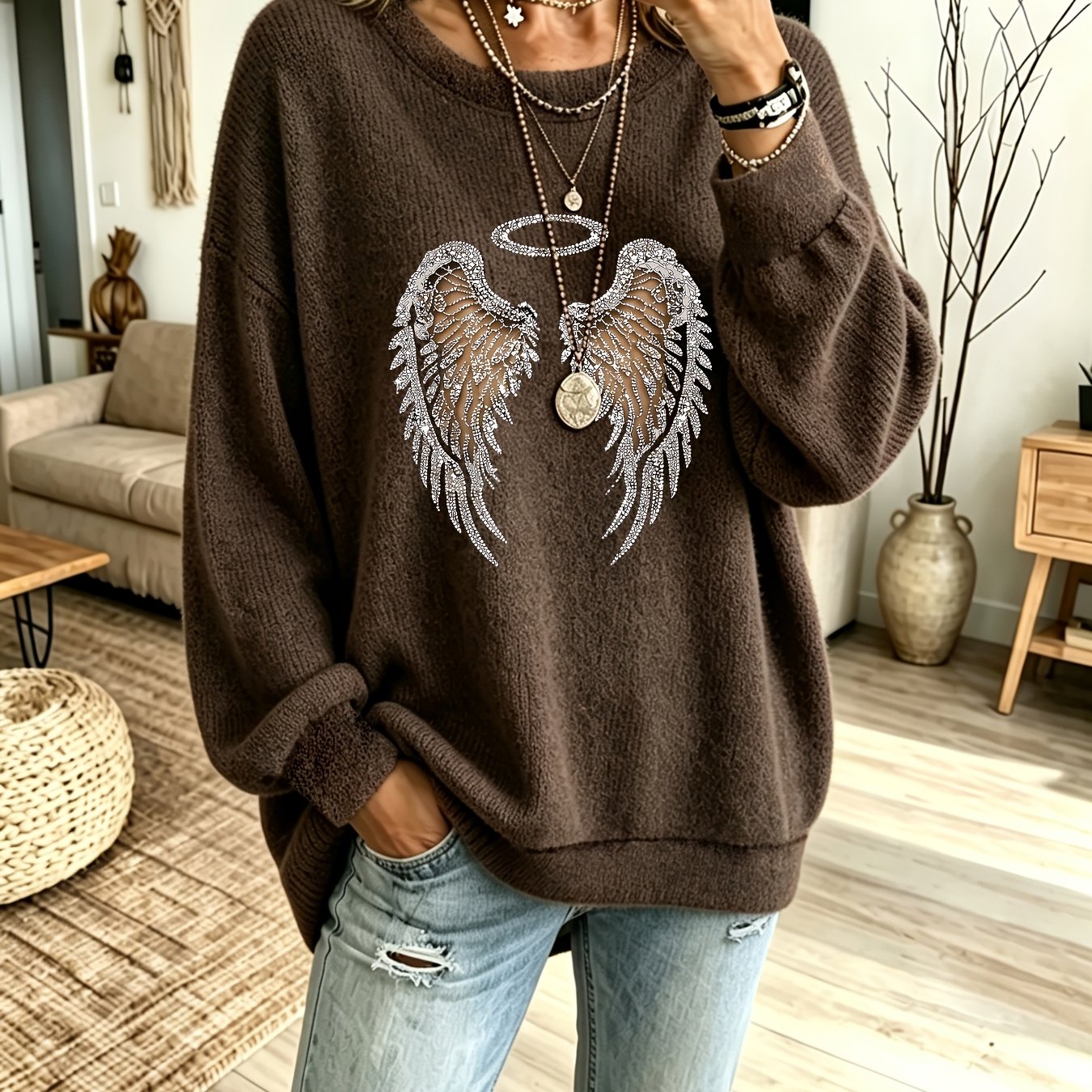 TEMU Pyjama et vêtement de détente pour femme, pull à col ras du cou ambiance automne/hiver, haut décontracté à automne/hiver, pull et confortable