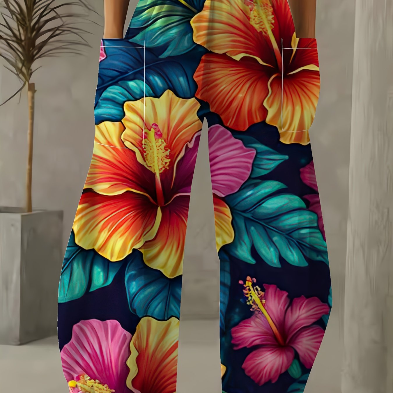 TEMU Plus Size, Oil Painting Wide-leg Pants, High-waisted Hip-covering Beach Casual Wide-leg Trousers