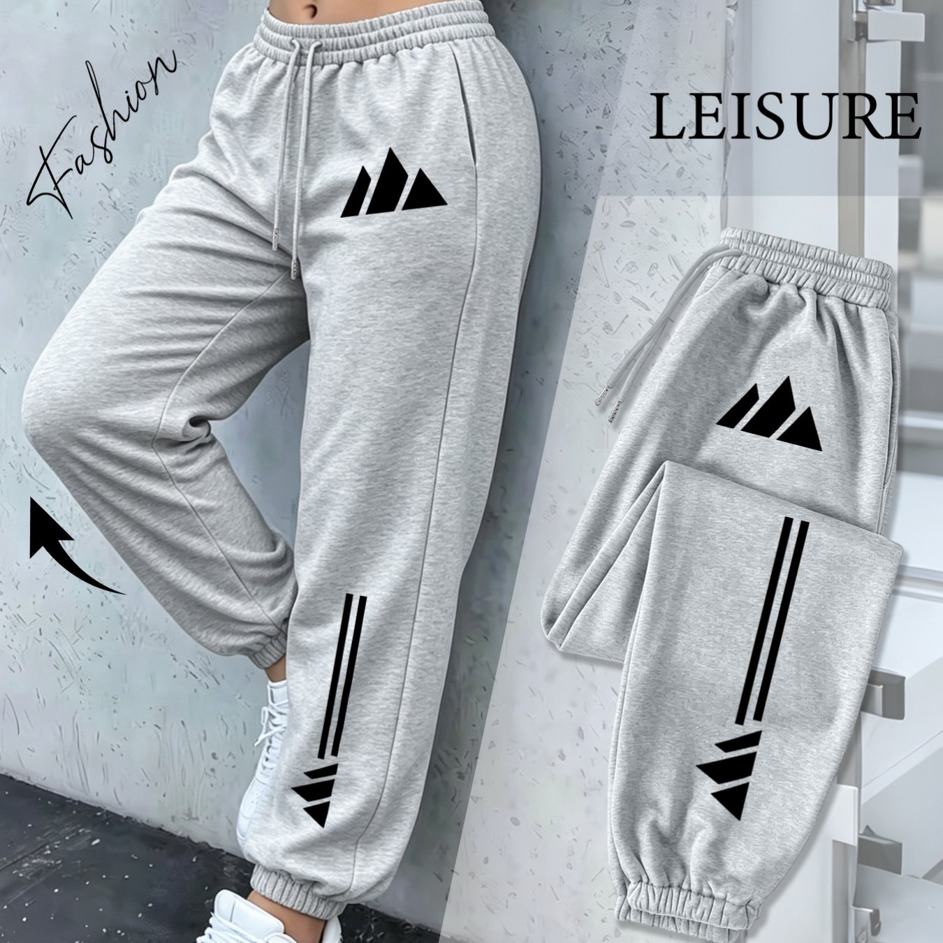 TEMU Street Style Mountain Triangle Geometric Three-stripe Print Drawstring Ankle-cinching Sweatpants For Women, Loose And, Jogging Pants, Soft And