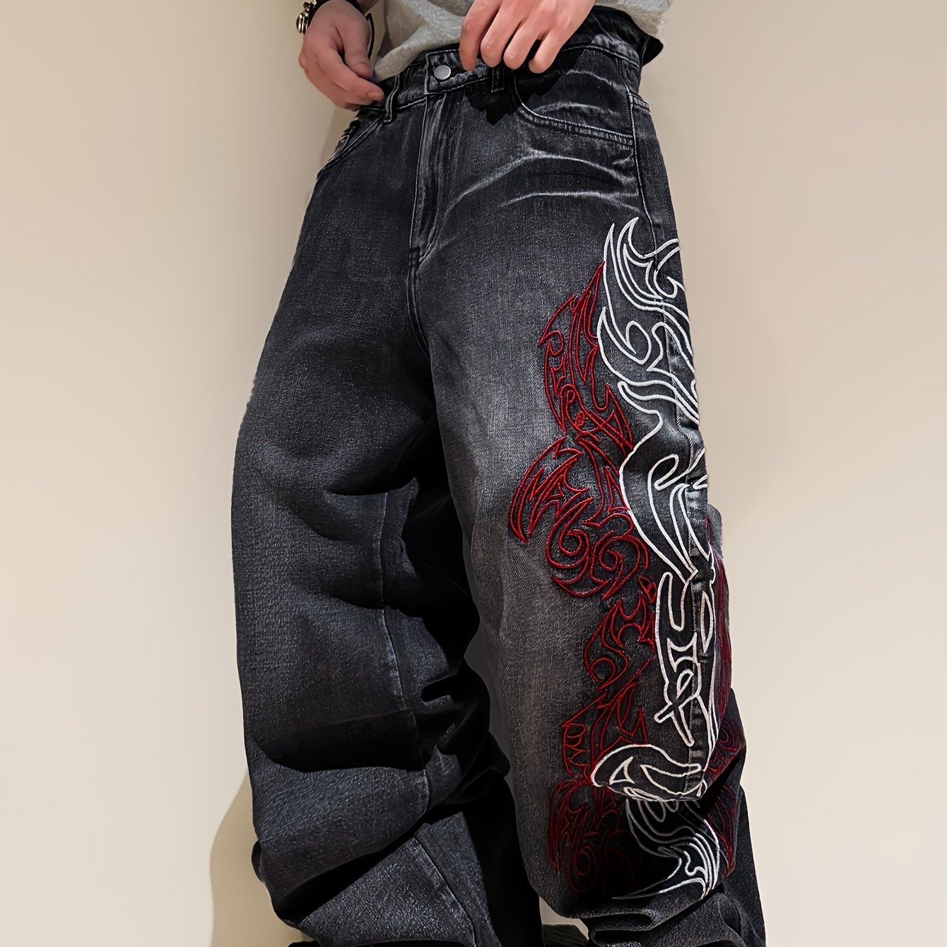 TEMU Men's Fashion Retro Dark Totem Embroidered Wide Leg Jeans, Used, Washed+red And White Contrast, Y2k Style, Suitable For Men And Women, Suitable
