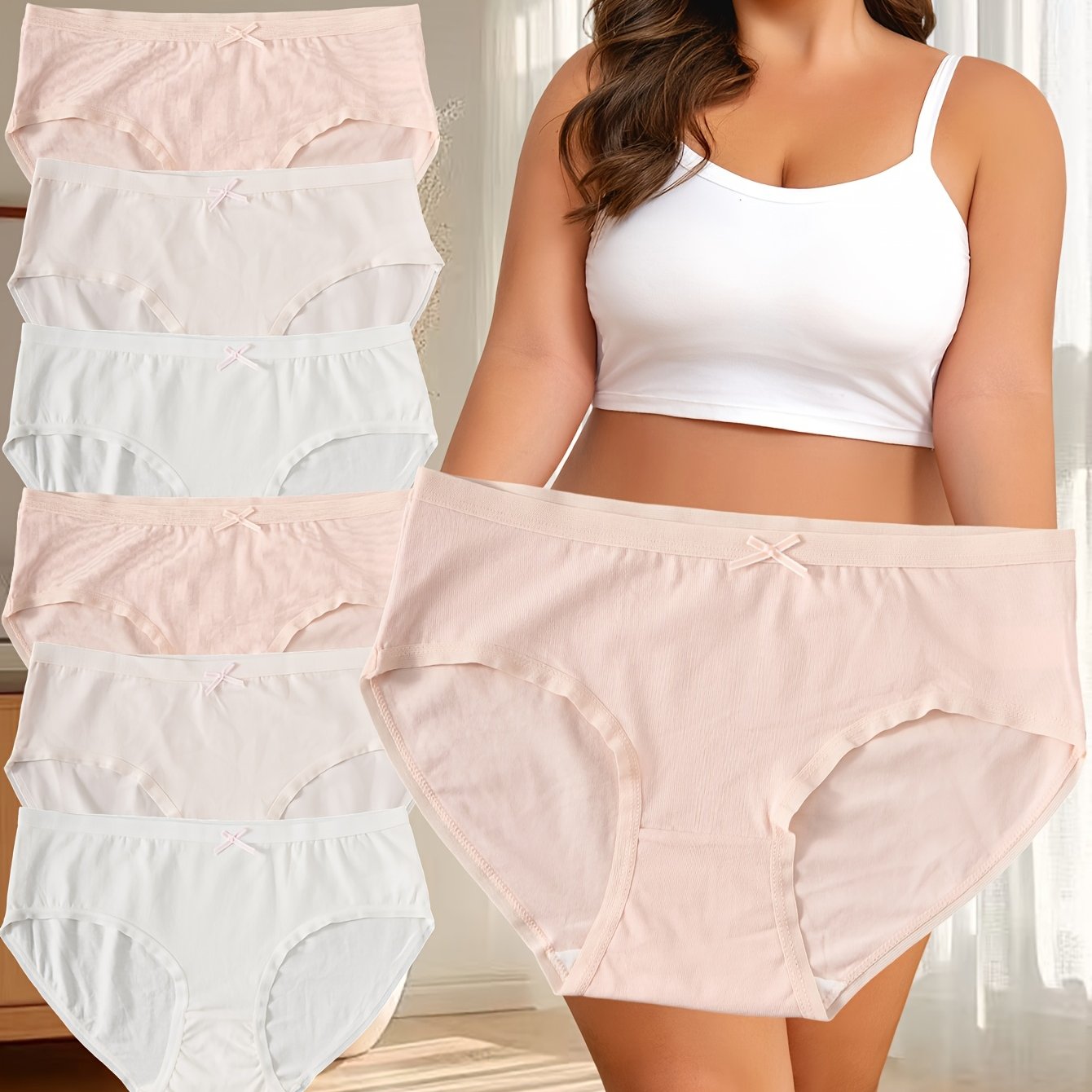 Image of 6pcs Elegant Bow Trim Mid- Size Briefs For Women - Soft, Comfortable, Daily Wear, Design, Assorted Colors (pink, Light Pink, White), Everyday Underwear | Elegant Undergarment |