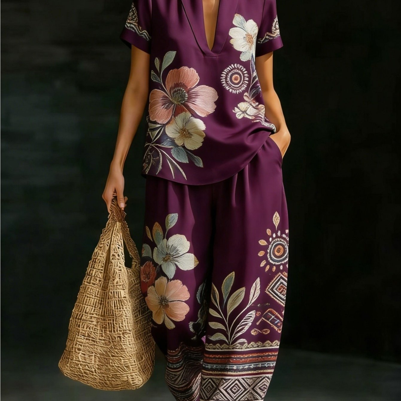 Plus Size, Bohemian Floral Print 2pcs Set For Women, Plus Size V-neck Top & Wide Leg Pants, Casual Holiday Co-ord
