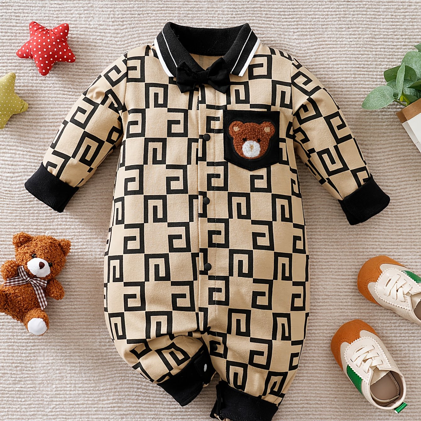 Image of Spring And Autumn Cute Bear Reading Glasses Print Gentleman Long-sleeve Pure Cotton Romper, Perfect For Outdoor