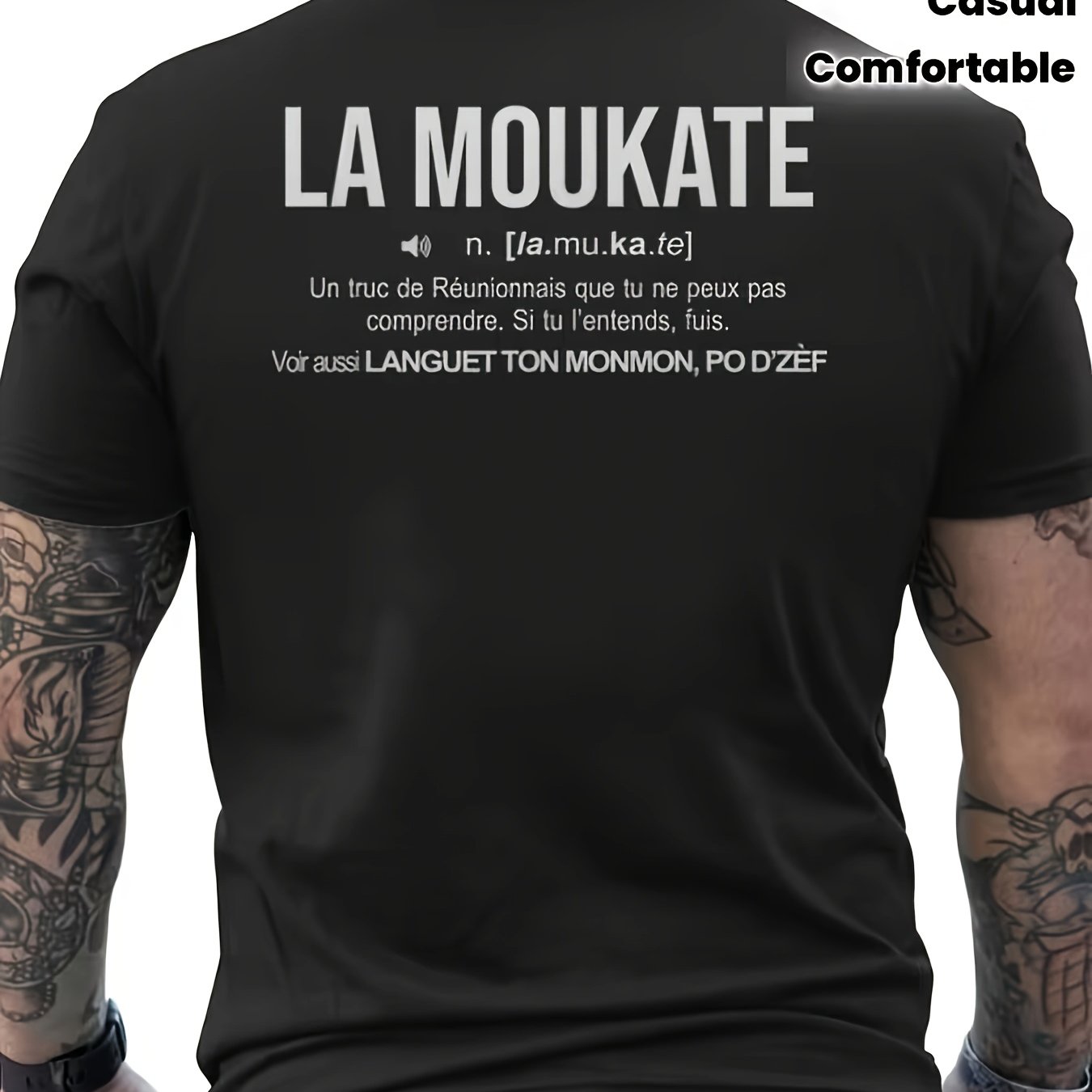 TEMU -Shirt Noir LaMoukate Île de la | Col Rond Manches Courtes avec Français Imprimé au Dos, Phrases Créoles et Souvenirs de l'Île. Unisexe,