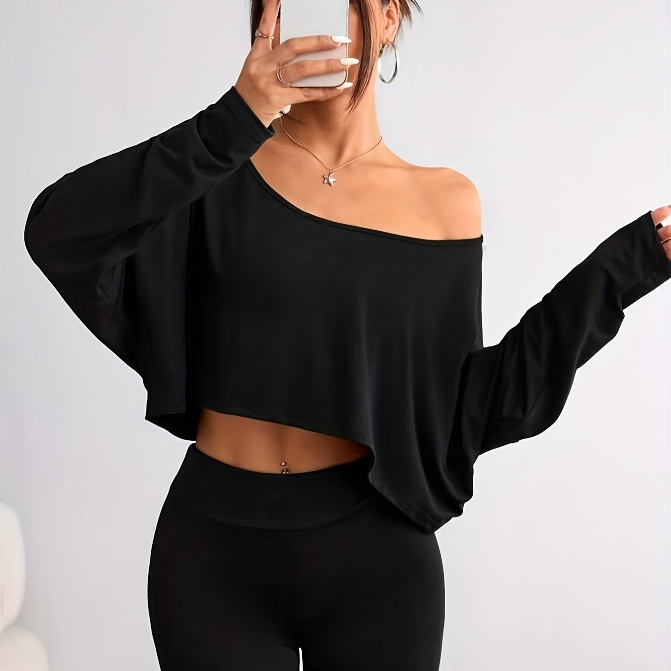 TEMU 1pc Solid Off-shoulder Top, Loose Base Layer T-shirt Sleeve Spring Summer Style
