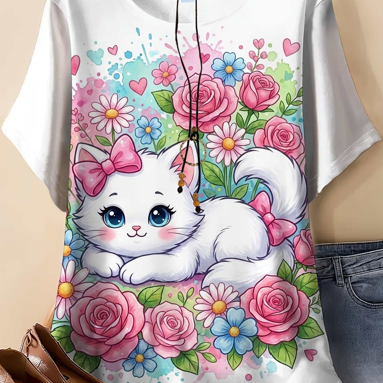 TEMU Plus Size - Plus Size - Women's Casual Short-sleeve T-shirt Featuring A Beautiful White Cat Lounging Flowers, Printed With Digital Designs. This