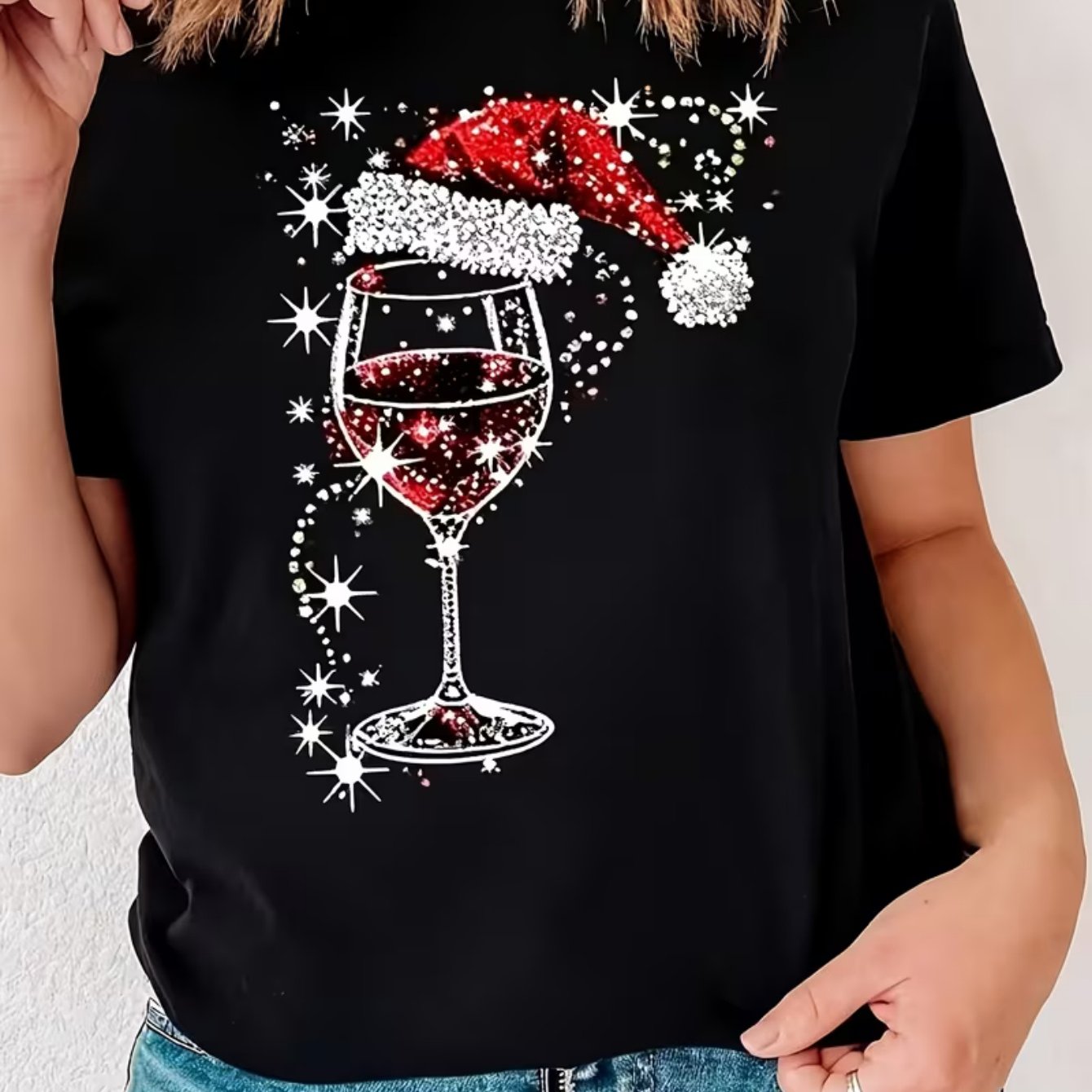 TEMU Women's Short Sleeve T-shirt, Christmas Wine Glass With Santa Hat Graphic Print Tee, Festive Holiday Design Featuring Wine Goblet, Xmas Santa