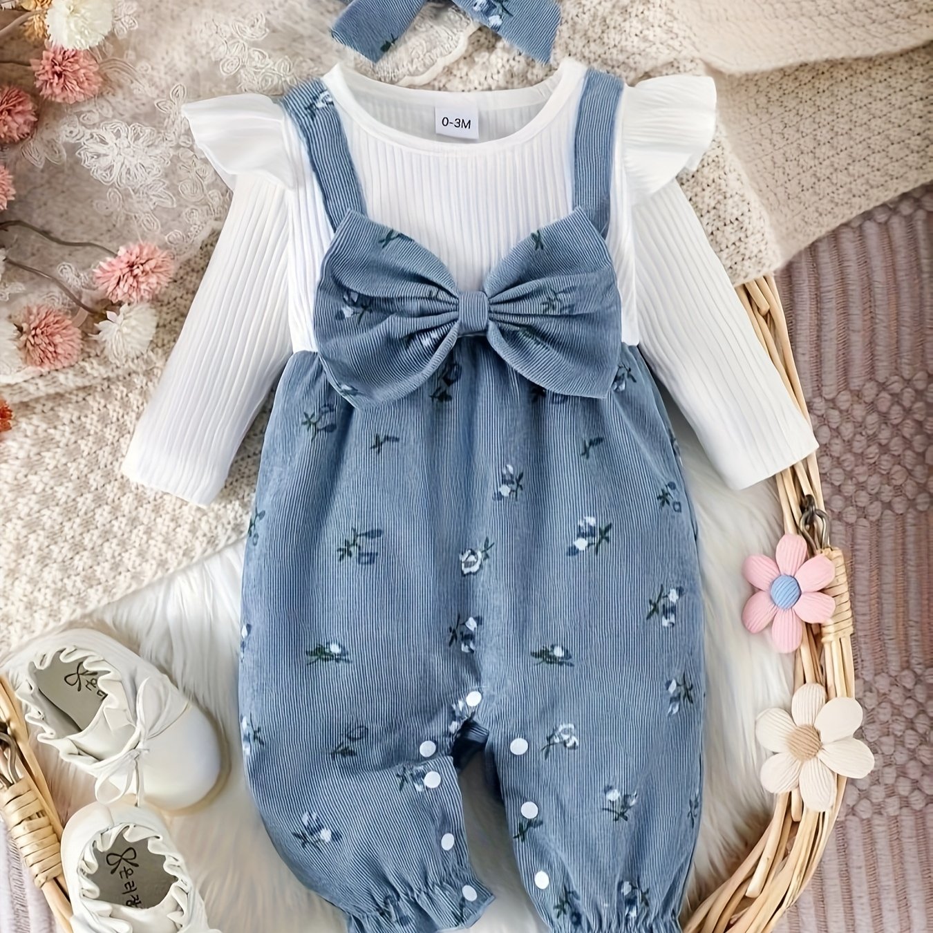 Girls' Stylish And Cute Floral Bow Small Flutter Sleeve 2-in-1 Look Long Sleeve Bodysuit + Hair Accessory P101772, Perfect For Outdoor