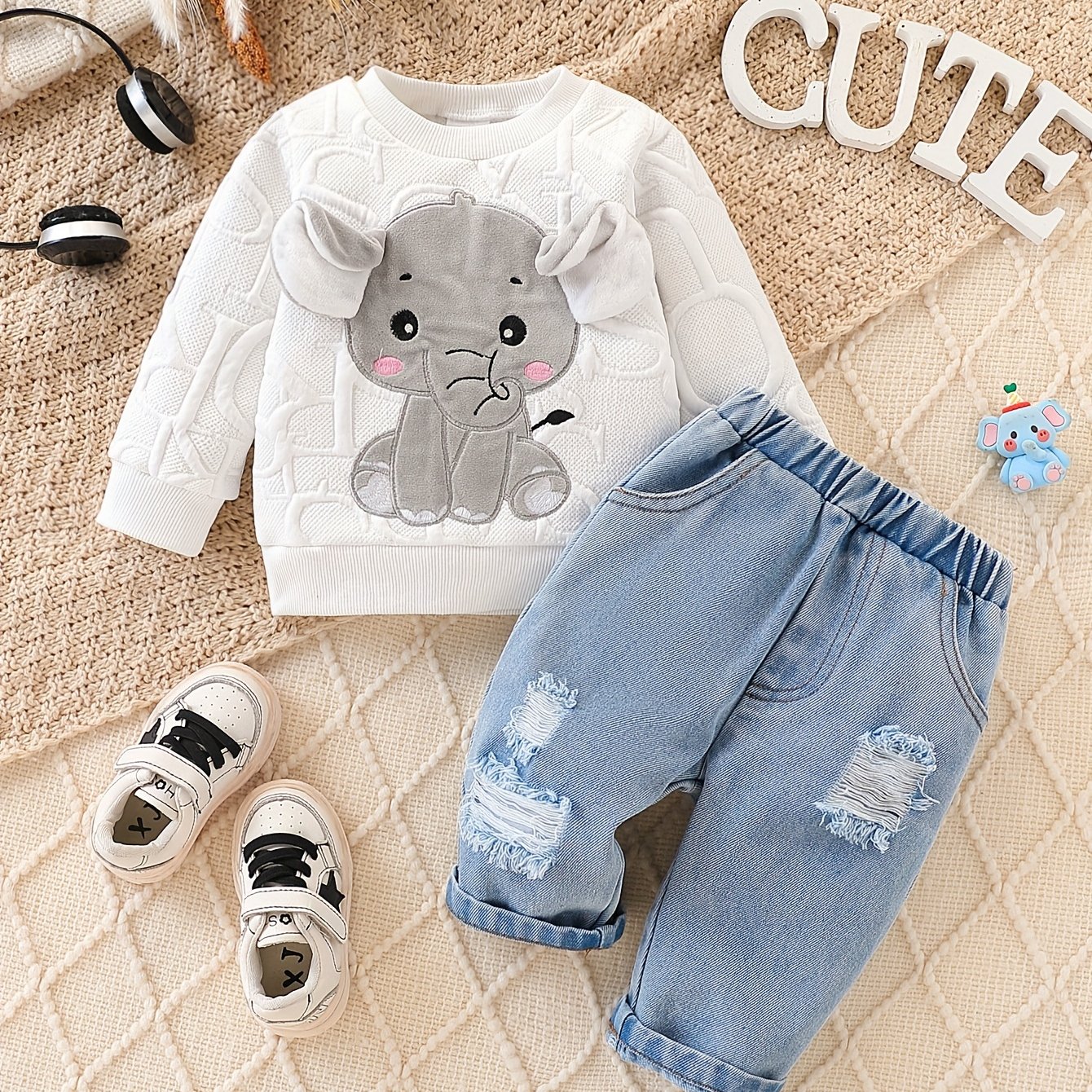 Image of Cute Elephant Spring/autumn Set - Quilted Sweatshirt + Vintage Jeans 2pcs Outfit For Infants And Toddlers, Perfect For Outdoor,boys And Girls Clothes, Perfect For Outdoor