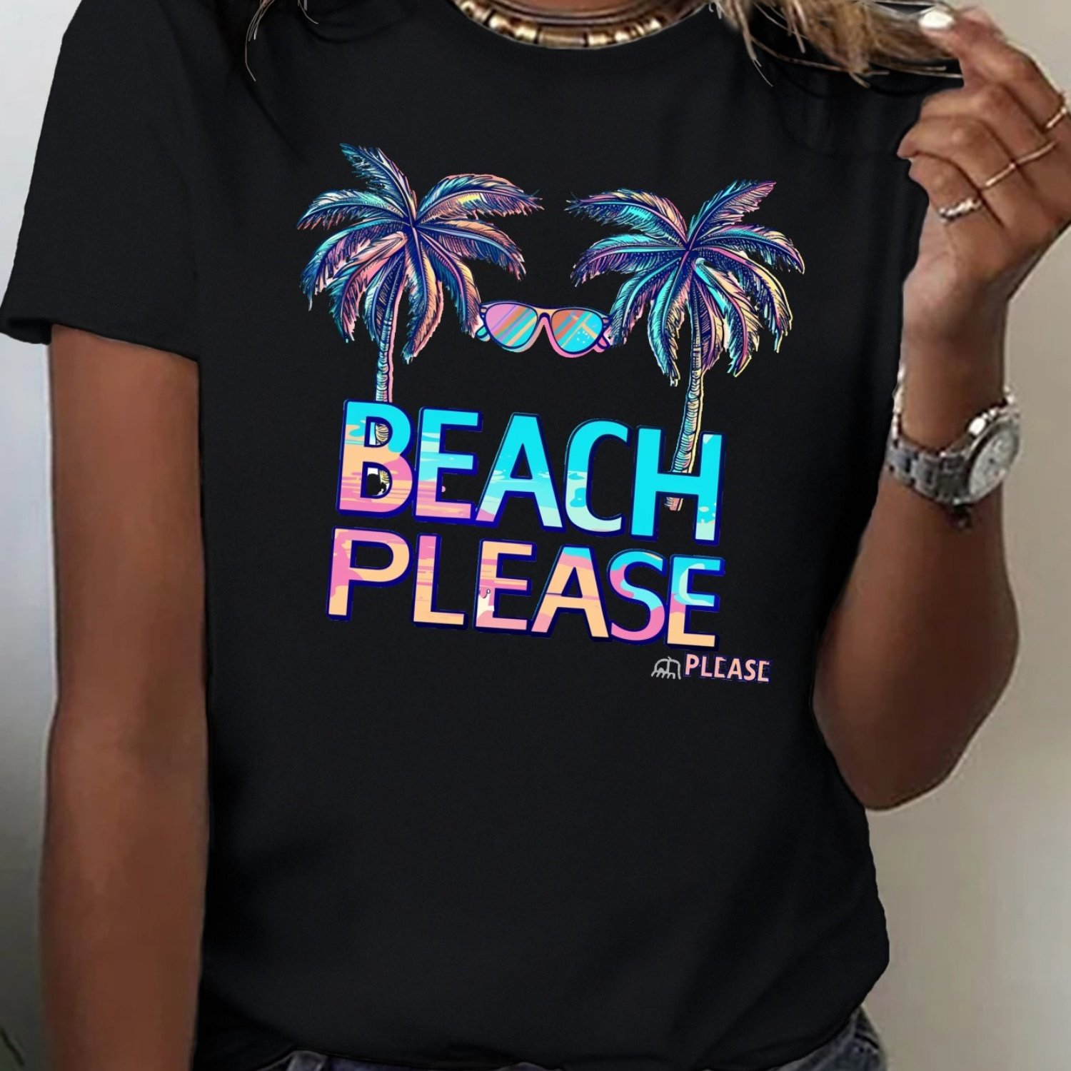 TEMU Women's "" Neon Print T-shirt - Casual Black Tee With Palm , Short Sleeve Crew Neck Top For