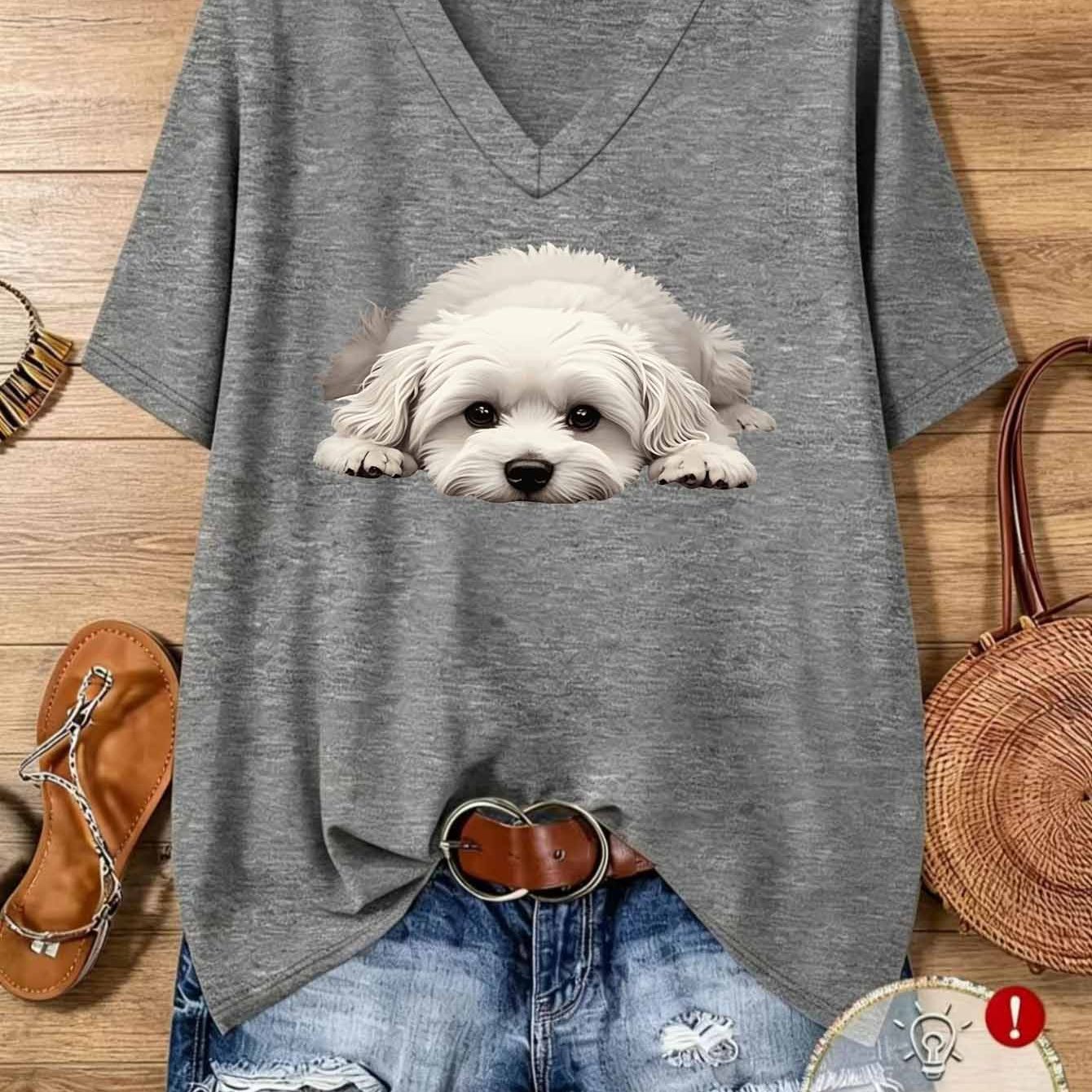 TEMU Plus Size Women's Loose-fit V-neck T-shirt Print - Breathable Short Sleeve Suitable For Yoga, Travel, Commuting & Layering | Machine Washable