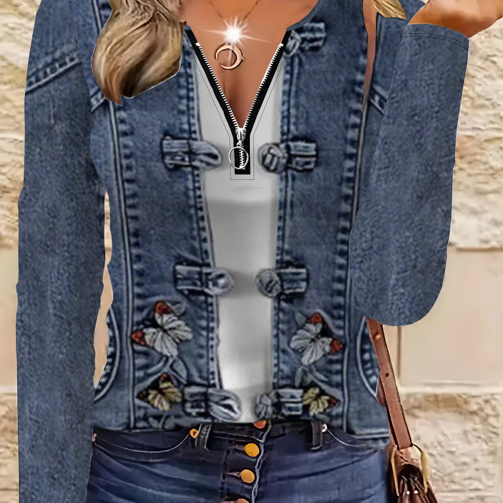 TEMU 【 denim】[ denim sintético][Estampado de denim sintético/ denim sintético] Top de mujer con cremallera y diseño patchwork de denim - Chaqueta de