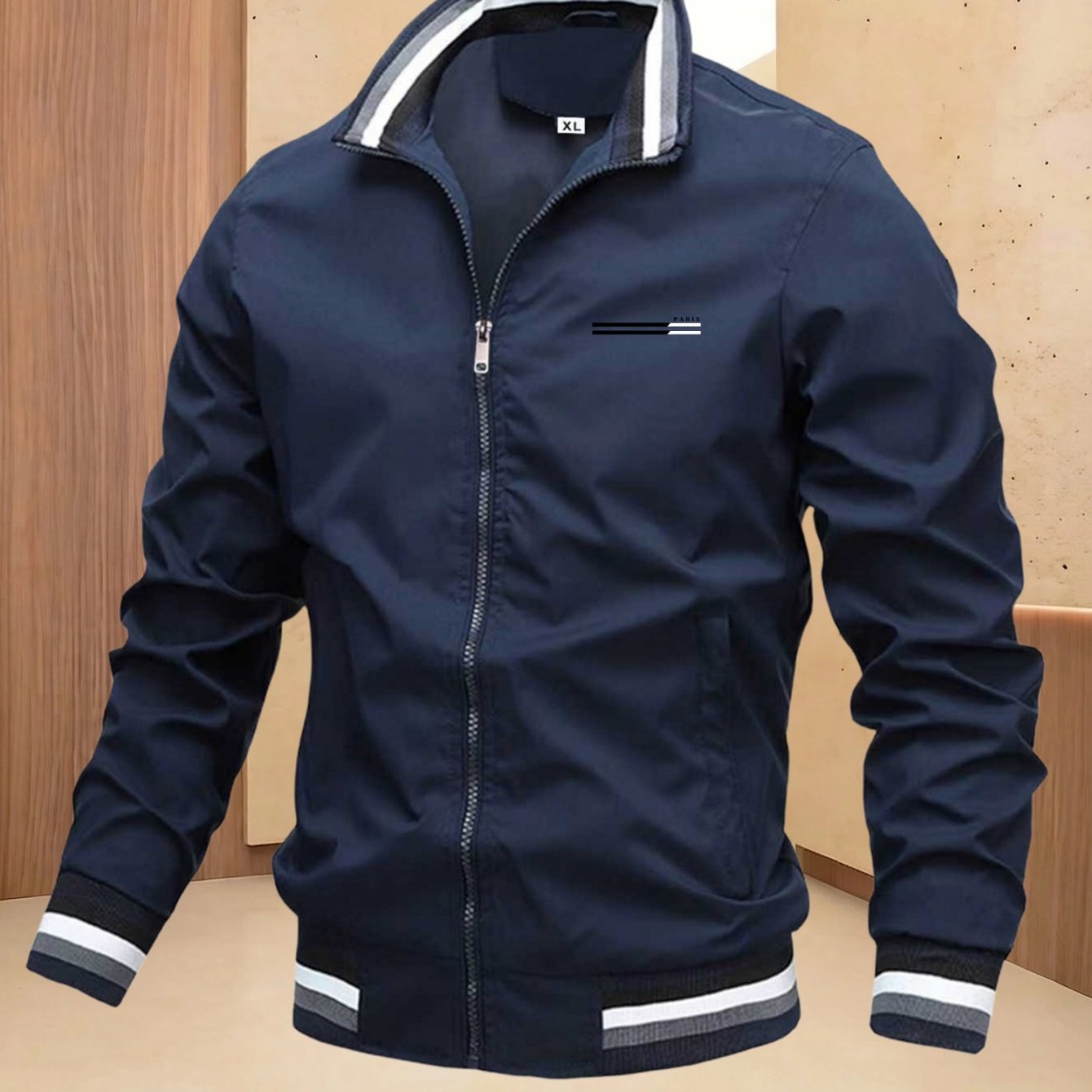 TEMU Men's Versatile Casual Paris Element Stand Collar Baseball Jacket With Contrast Ribbed Design, Simple And Stylish, Windproof And , A Versatile