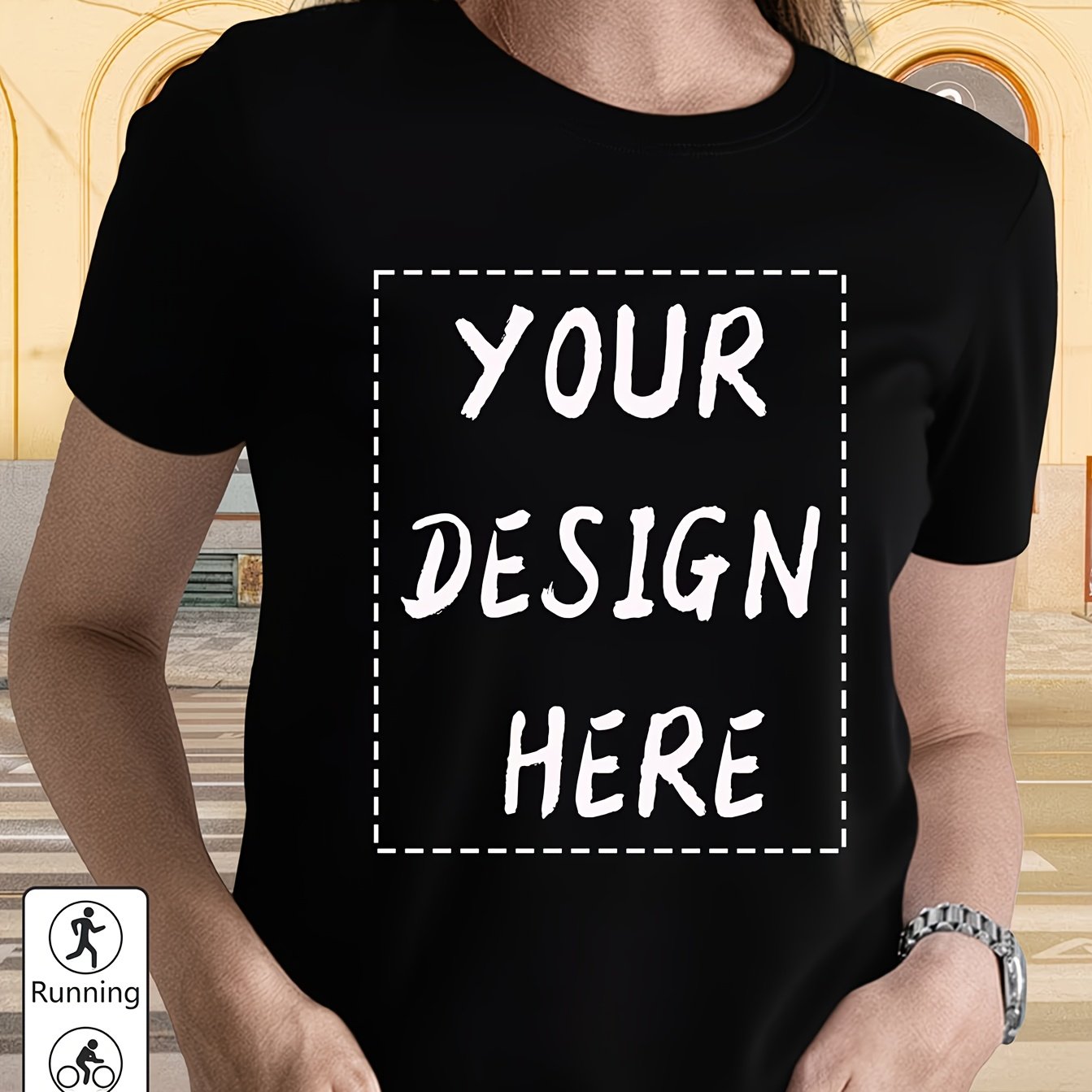TEMU Customizable Picture And Text Print Women's Casual Short-sleeve T-shirt - Black And White Top T-shirt, Medium Stretch, Machine Washable, Regular