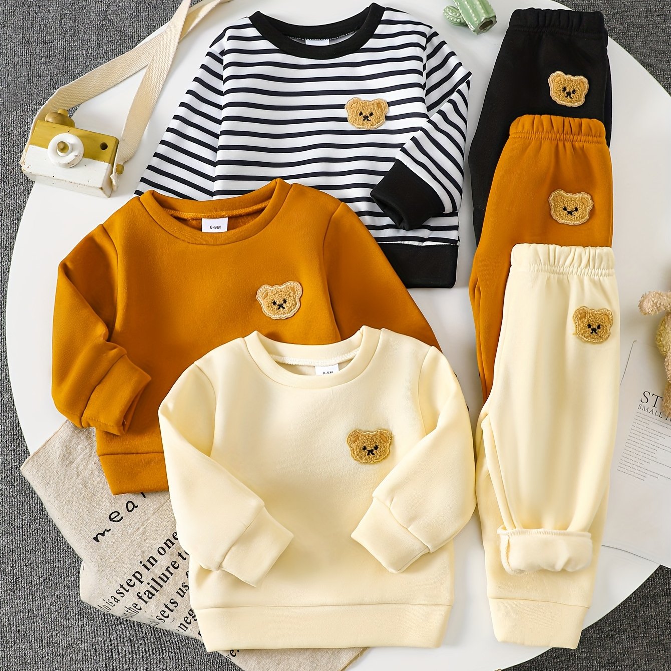 Image of Baby Boys' Autumn Winter Fleece Hoodie 3pcs Set Of 6pcs, With Little Bear Emblem, Suitable For Outdoor Wear In Autumn And Winter, A Gift For Children, Christmas, Halloween