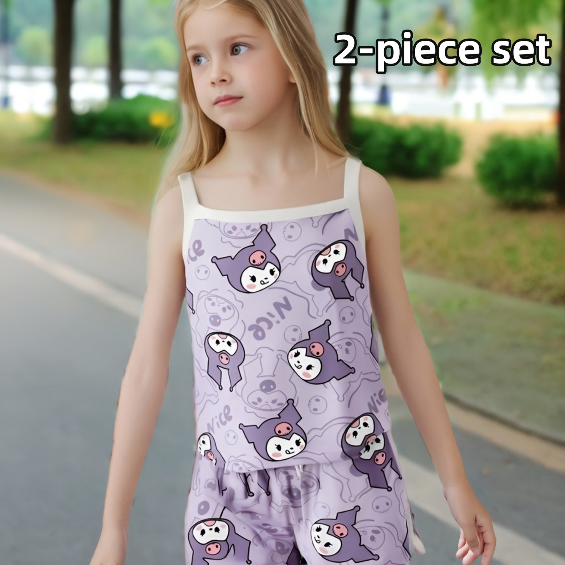 Image of [2pcs Set] Kuromi 2024 New Summer Girls' Clothing Set - Camisole And Printed Shorts, Purple-themed Design, Lightweight, Breathable, And Comfortable, For Outdoor, Christmas, Halloween