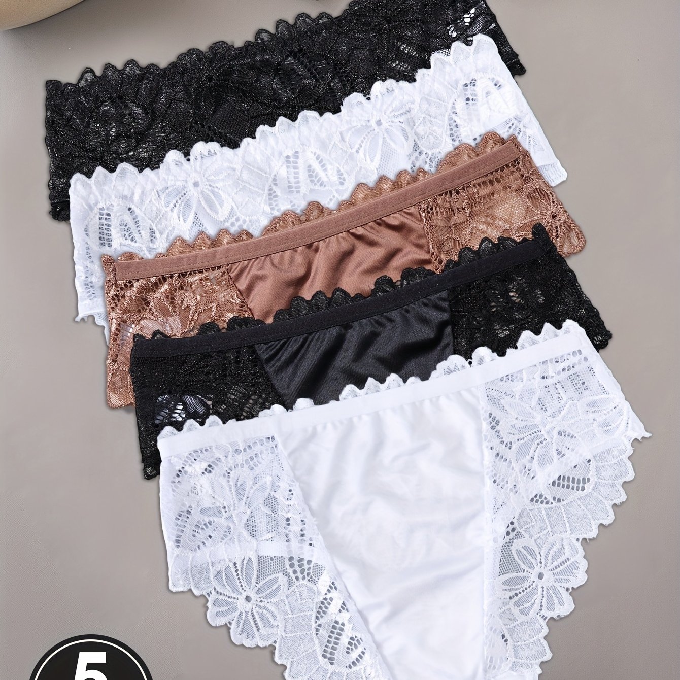 E-shop 5-teilig Yincoco Damen Halbtransparente Spitzenunterwäsche – Atmungsaktives Hohl-Design Nahtlose Satin-Slips mit Patchwork-Shorts, Mittlere