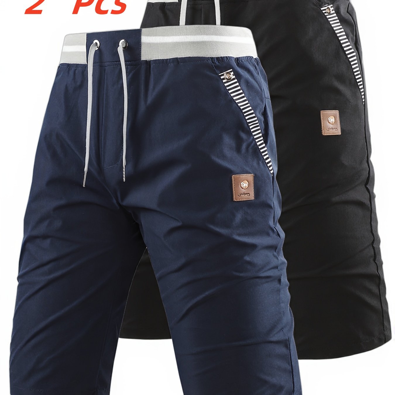 Image of 2-pc Men's Casual Shorts, Fabric, Elastic Waistband Comfortable And Convenient, Fashionable Pocket Button Design, Suitable For Daily Use And Beach Wear