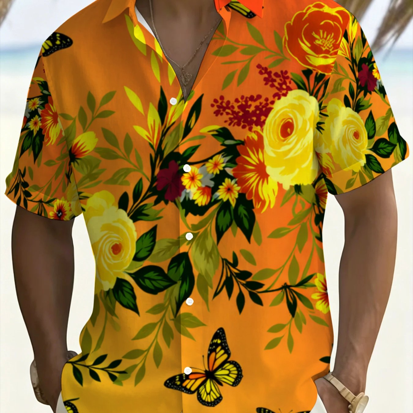 TEMU Orange Floral Print Men's Plus Size Short Sleeve Shirt, Summer Casual Beach Hawaiian Shirt, Plus Size