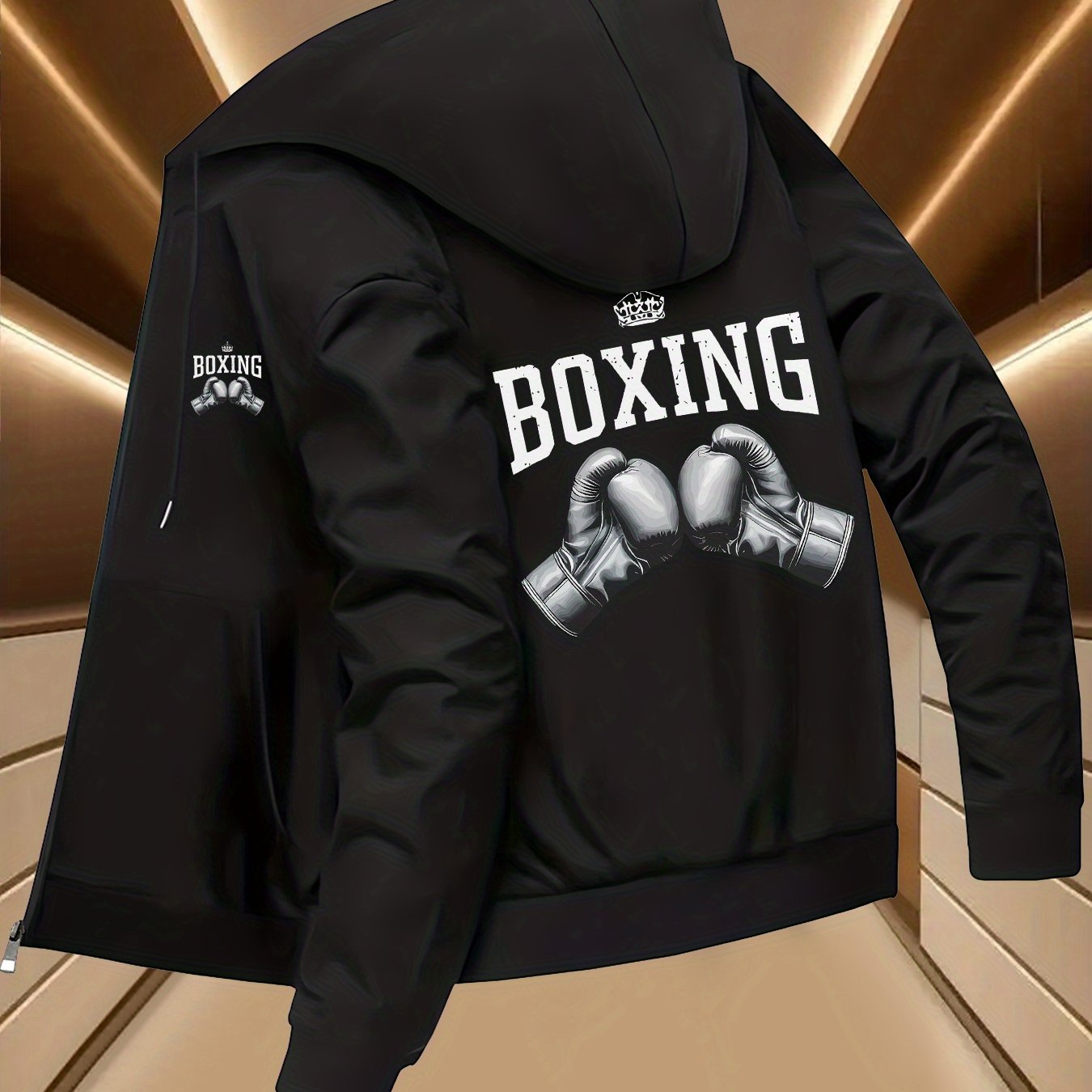 TEMU Chaqueta con capucha para hombre para otoño e invierno, estampado de guantes de boxeo, diseño de béisbol moderno y estructura , exterior