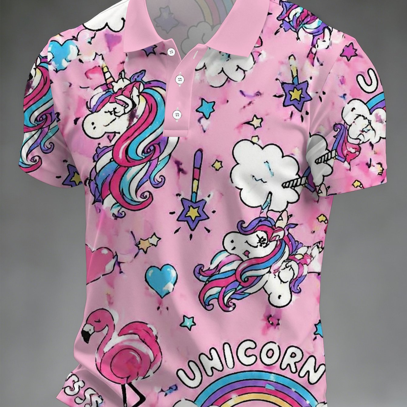 TEMU Men's Short Sleeve Style Casual Lapel T-shirt, Loose Unicorn Print Outdoor Sports Short Sleeve Shirt, Pastel Colors, Spring, Autumn, Summer Base