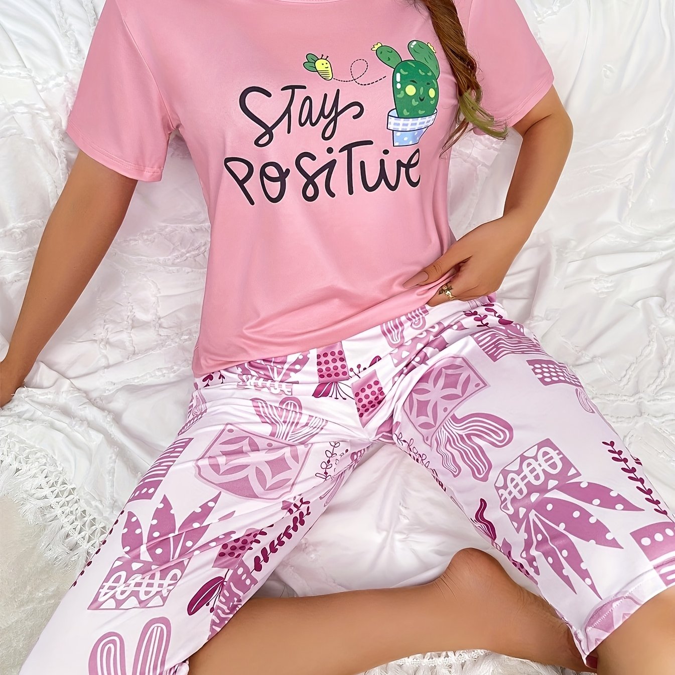 TEMU Women's Casual Cute Cactus Print Top And Three-quarter Pants Pajama Set