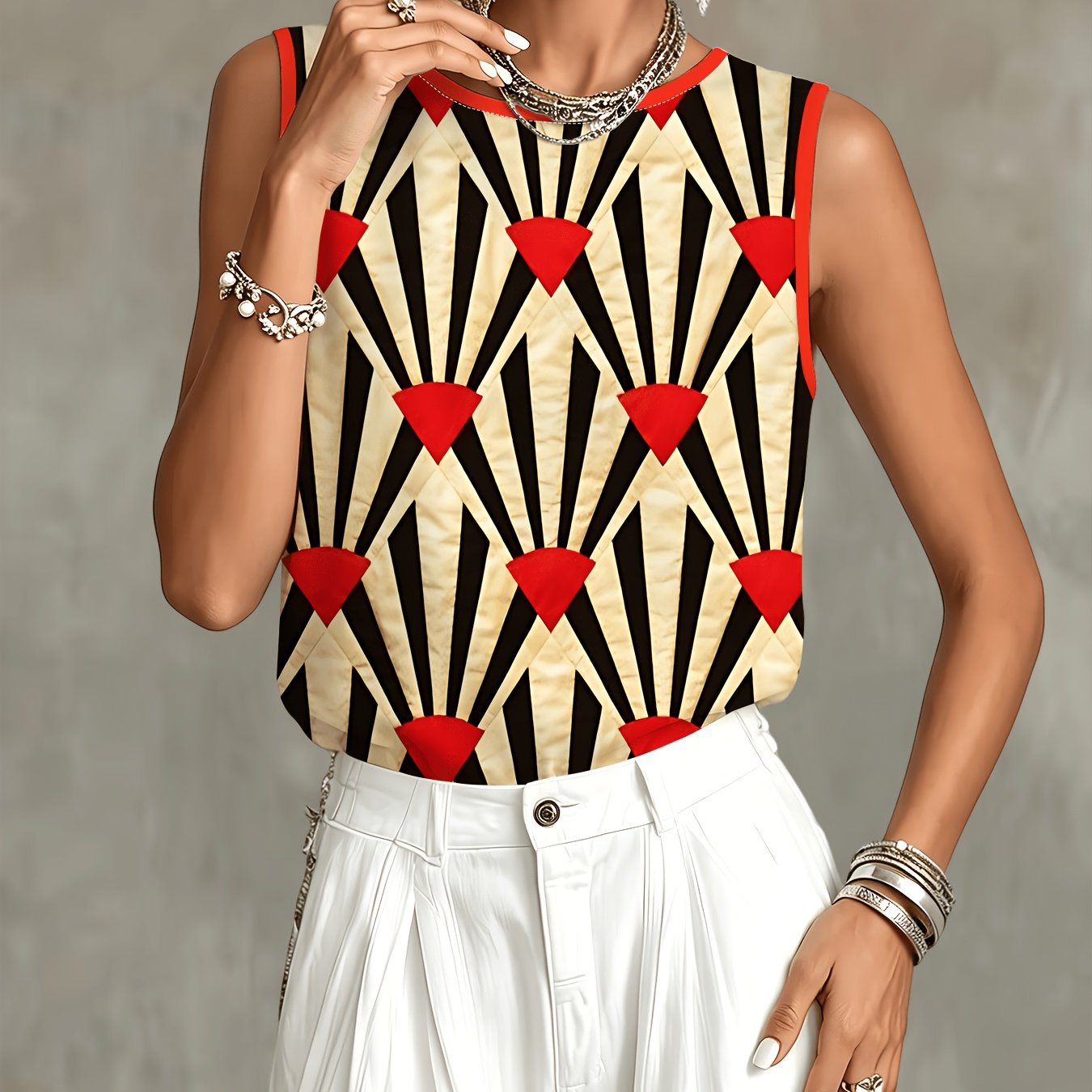 TEMU Geometric Heart Pattern Sleeveless Tank Top, Women's Fashion Casual Top, Black-white-red Color