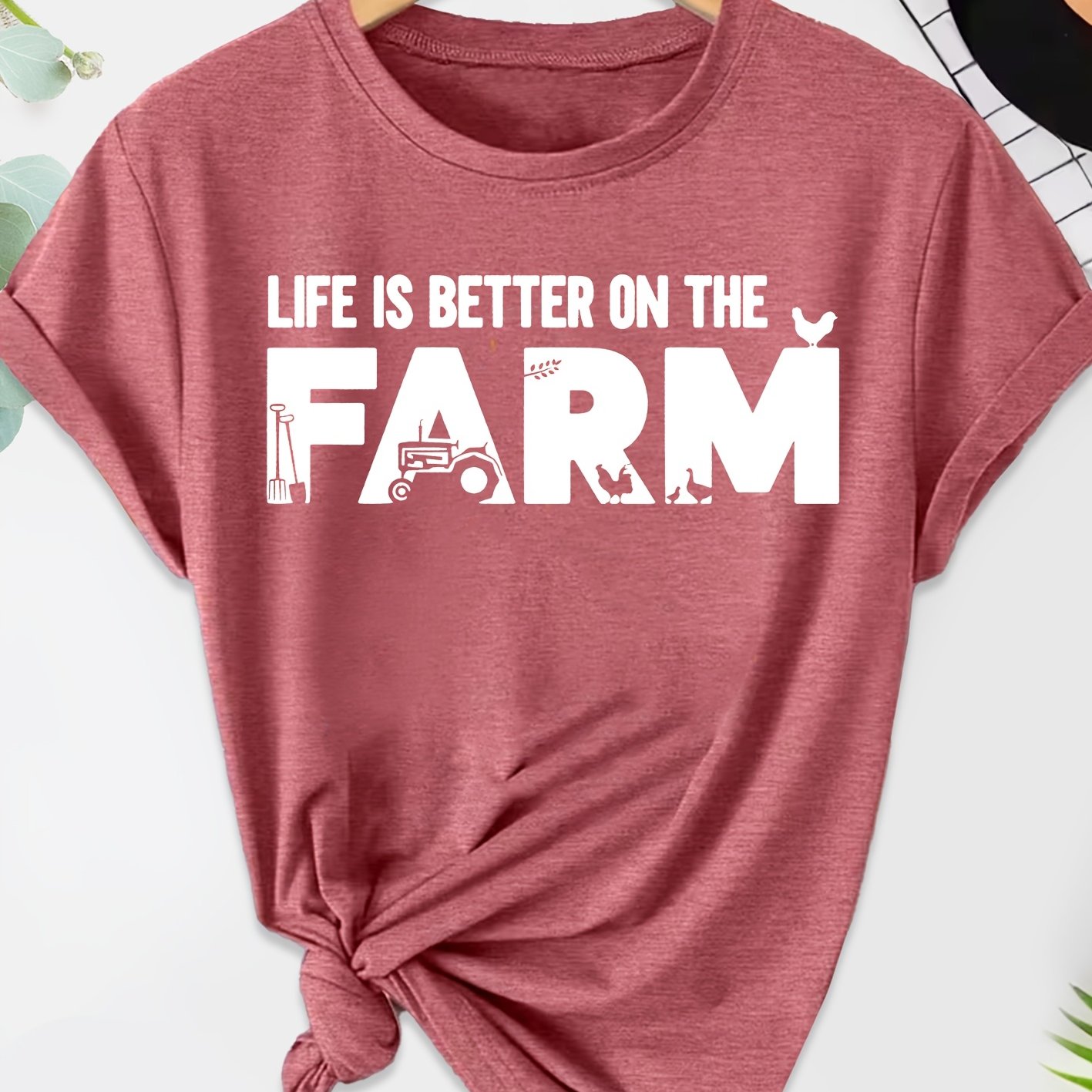 TEMU New Summer Single-piece Women's Short-sleeve T-shirt With Farm , Round Neck. Suitable For Spring, Summer, And Autumn. Made With Medium-stretch,