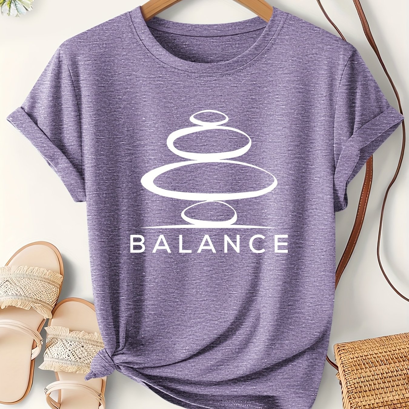 TEMU Women's Yoga-themed 'balance' Geometric Print Short-sleeve T-shirt Set For 2025 Fashion Trend, Featuring A Vintage Round Neck And A Cute Design.