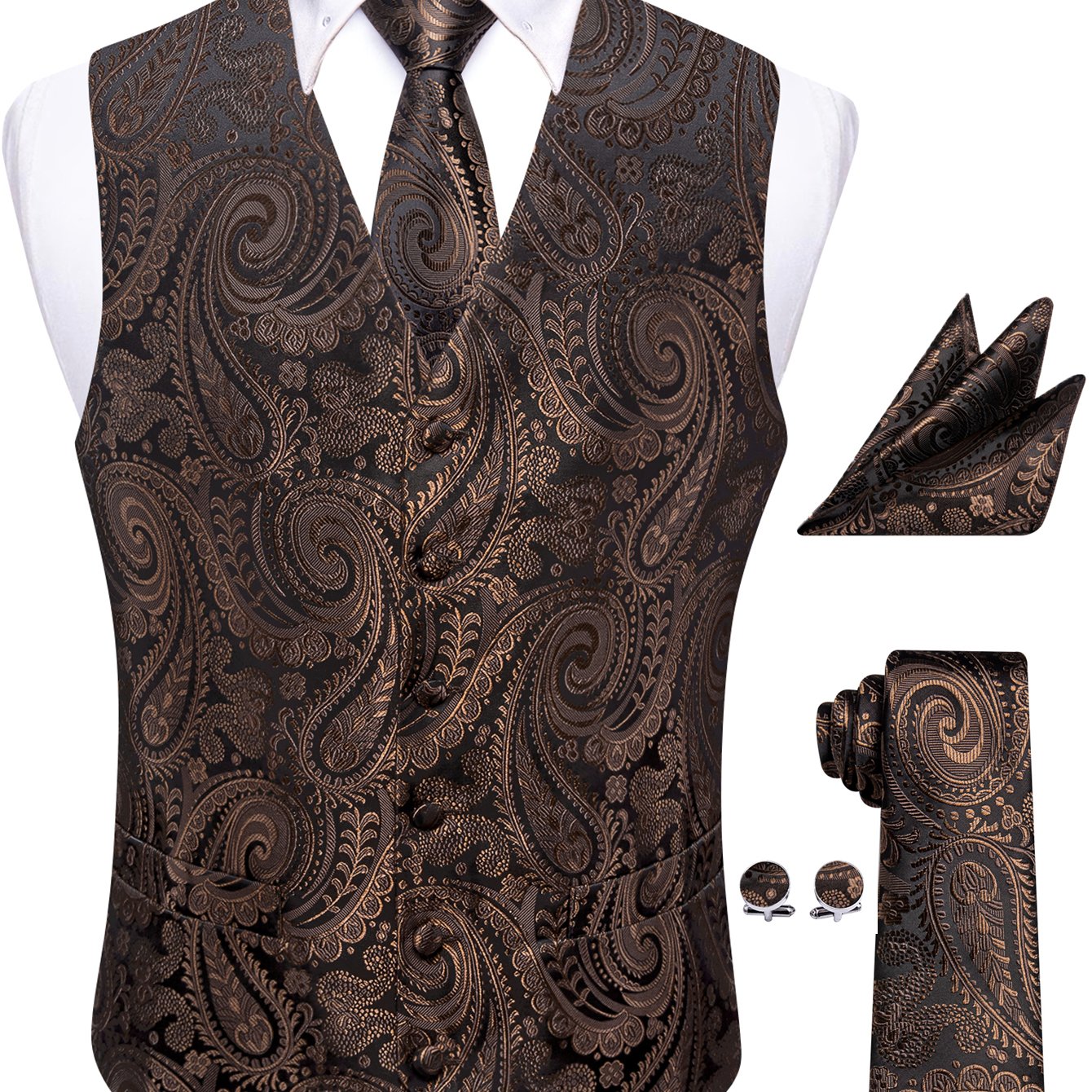 Image of 4pcs Set Of Men's Black And Brown Paisley V-neck Waistcoat, Stylish Suit Vest With Necktie, Pocket Square, And Cufflinks For Business And Party Events