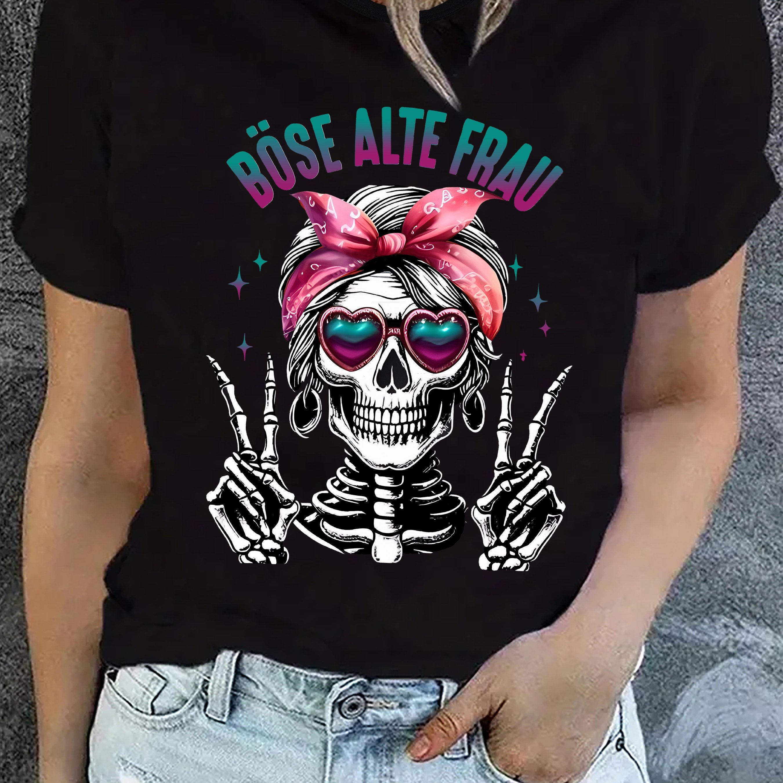 TEMU Damen Freizeit T-Shirt mit Totenkopf & Herz Grafik - "Böse Alte Frau" Text, Rundhals, Kurze Ärmel, Leichtgewichts Strickstoff, Bequemer Oberteil