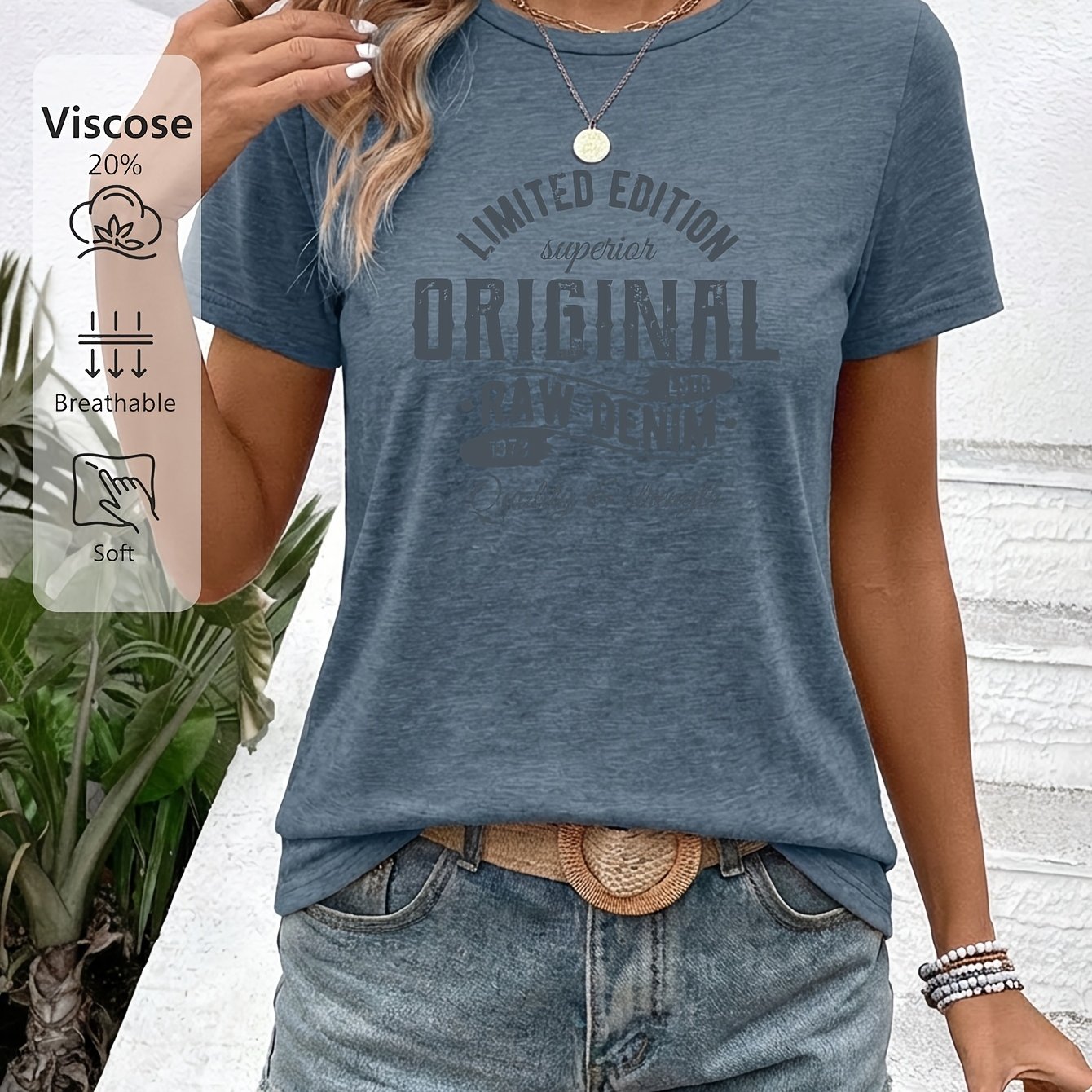 E-shop Damen Sommer T-Shirt, " EDITION ORIGINAL 1973" Retro Denim Print, Vintage Used-Look Edition Weich, Hautfreundlich, Atmungsaktiv, Täglicher