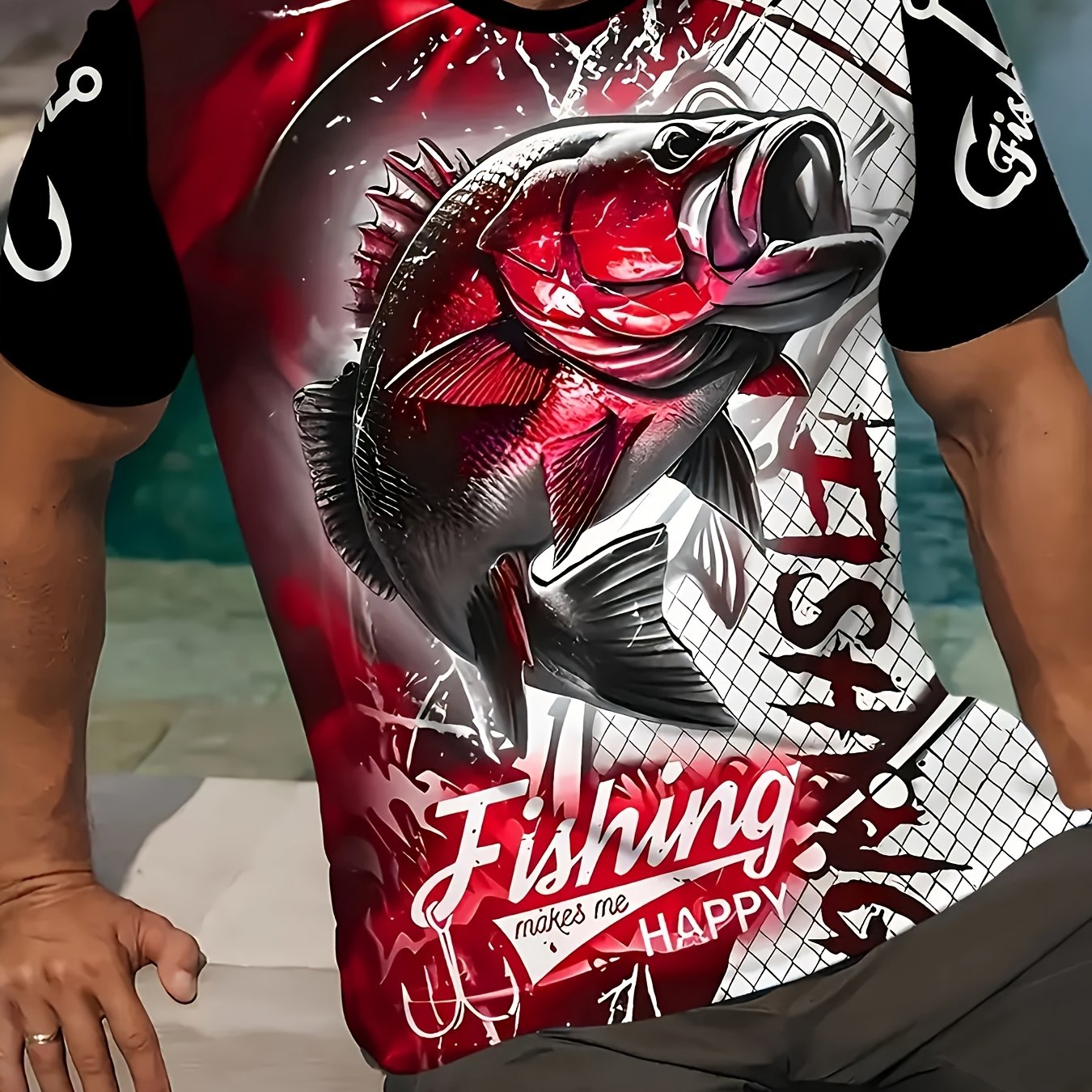 TEMU T-shirts de pêche, manches courtes avec hameçon, T-shirt de sport décontracté pour hommes grande taille - Col rond, manches courtes de couleur