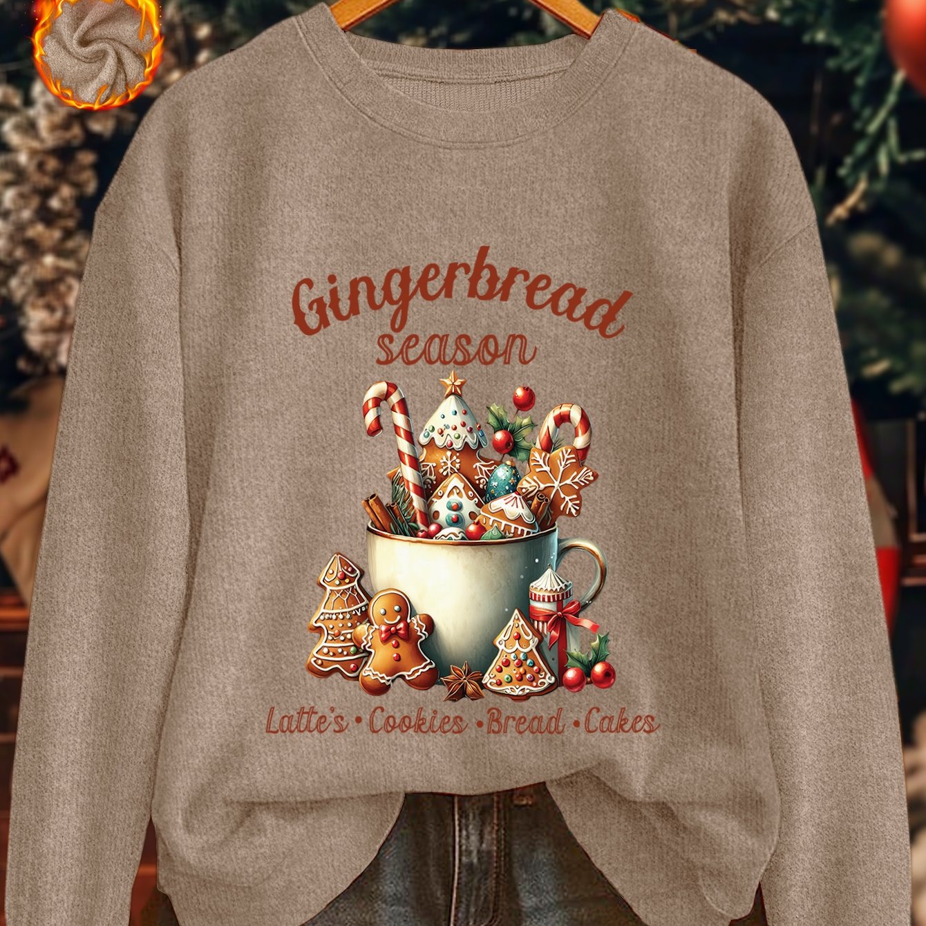 TEMU Women's Gingerbread & Gingerbread House Print Sweater - Cozy Round Neck Long Sleeve Winter , Soft Brown Pullover With Gingerbread Men &