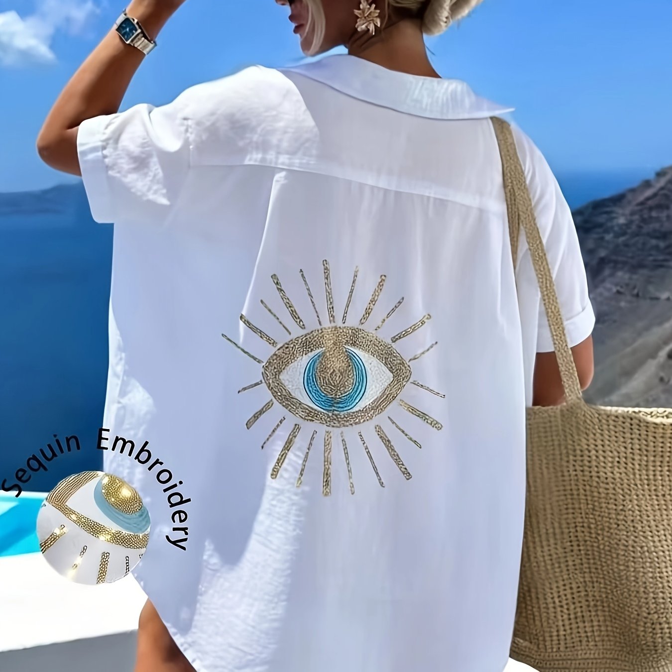 TEMU Thin, Slightly Transparent, Lightweight Fabric Women's Spring, Summer, And Autumn Fashion Casual Loose Sequin Embroidery Evil Embroidery Pattern