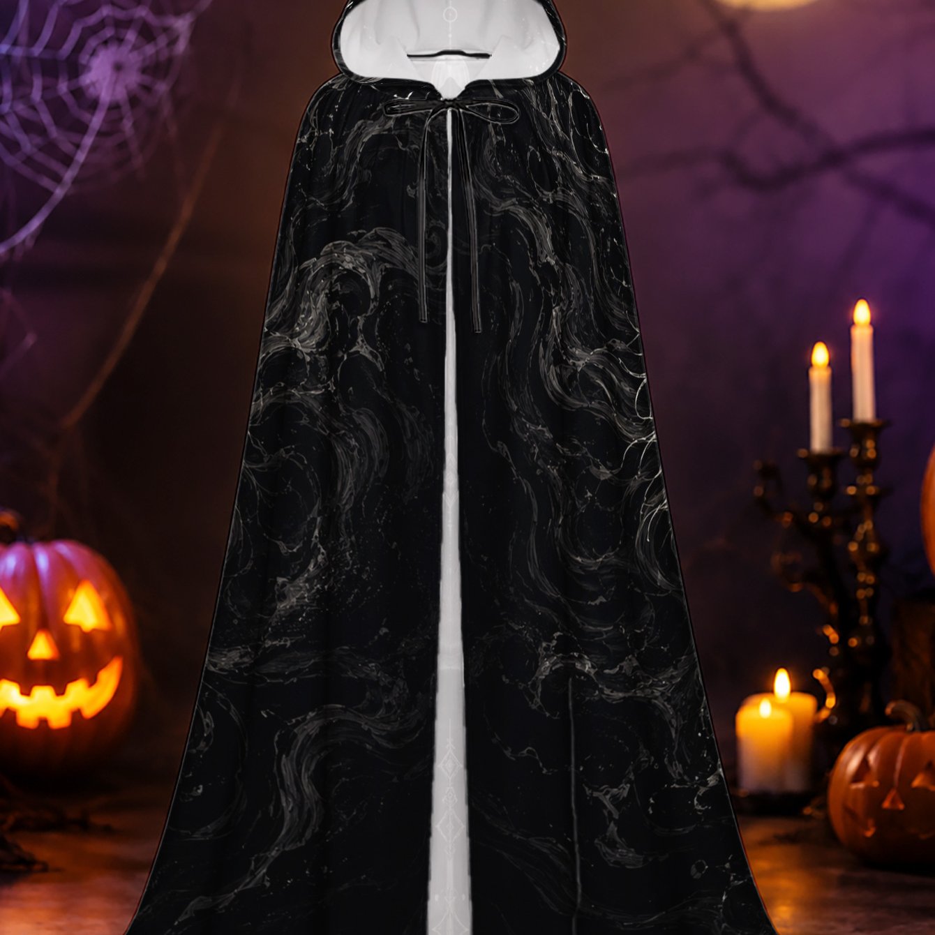 TEMU 1pc, Halloween And Christmas Hooded Robe With Wolf Moon On Black Elements, Unisex Polyester Cape For Wizard, Vampire And Fantasy Character