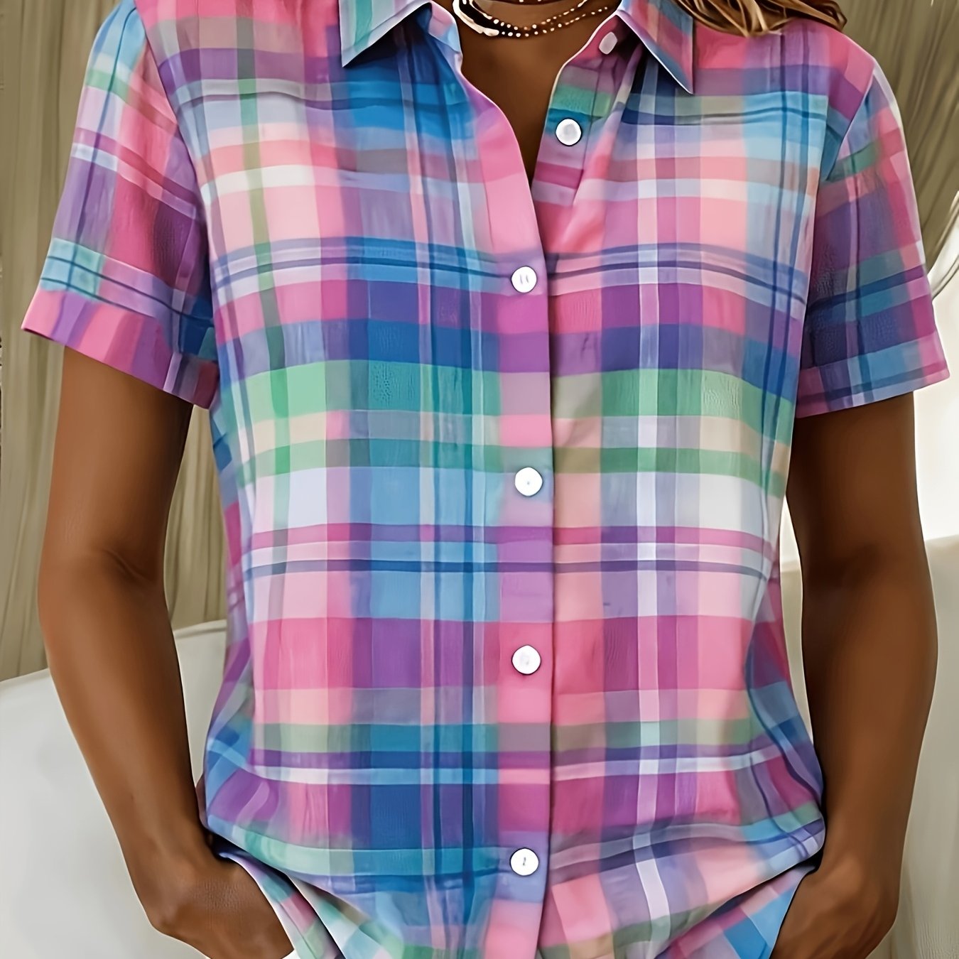 TEMU Summer Women's Soft Plaid Button-up Shirt, Short Sleeve Collar Style, Suitable For Casual Office Summer Wear, Stretch Front Button-up Top,