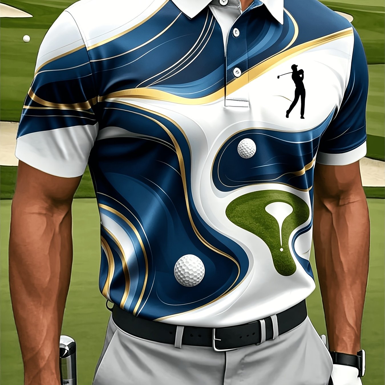TEMU Printed Design – Not Textured Men's Casual Sport Short-sleeve , Golf-themed Print With Golf Balls And Golf Course Patterns, Polyester Fabric
