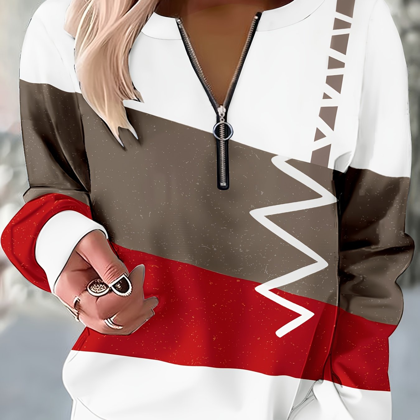 Zipper Long Sleeve Sweatshirt Women's Printed Hooded Top