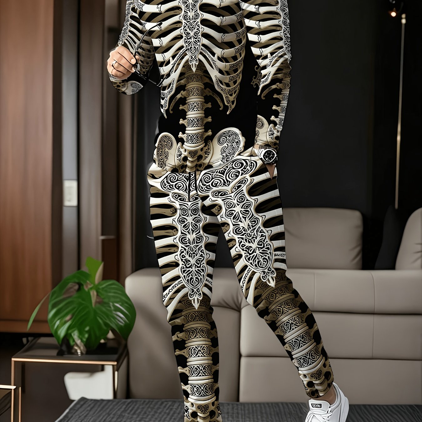 TEMU Halloween Costume Skull Print Tracksuit Set, Men's Trendy Casual Wear, Loungewear, Non-embossed Effect