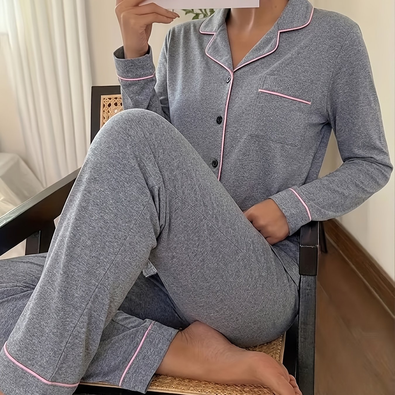 TEMU 【男女兼用】無地パジャマセット（長袖＆長ズボン）、快適な襟付きトップス（ポケット付き）、ゴムウエストバンド、パーティーやホームウェアに最適な、お祭り気分を盛り上げる！