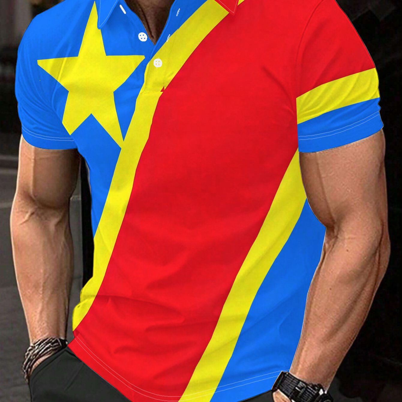 TEMU Men's Casual Short-sleeve Shirt Featuring The Flag Of The Democratic The Congo, With A And Yellow Star, Complemented By Red And Yellow Diagonal