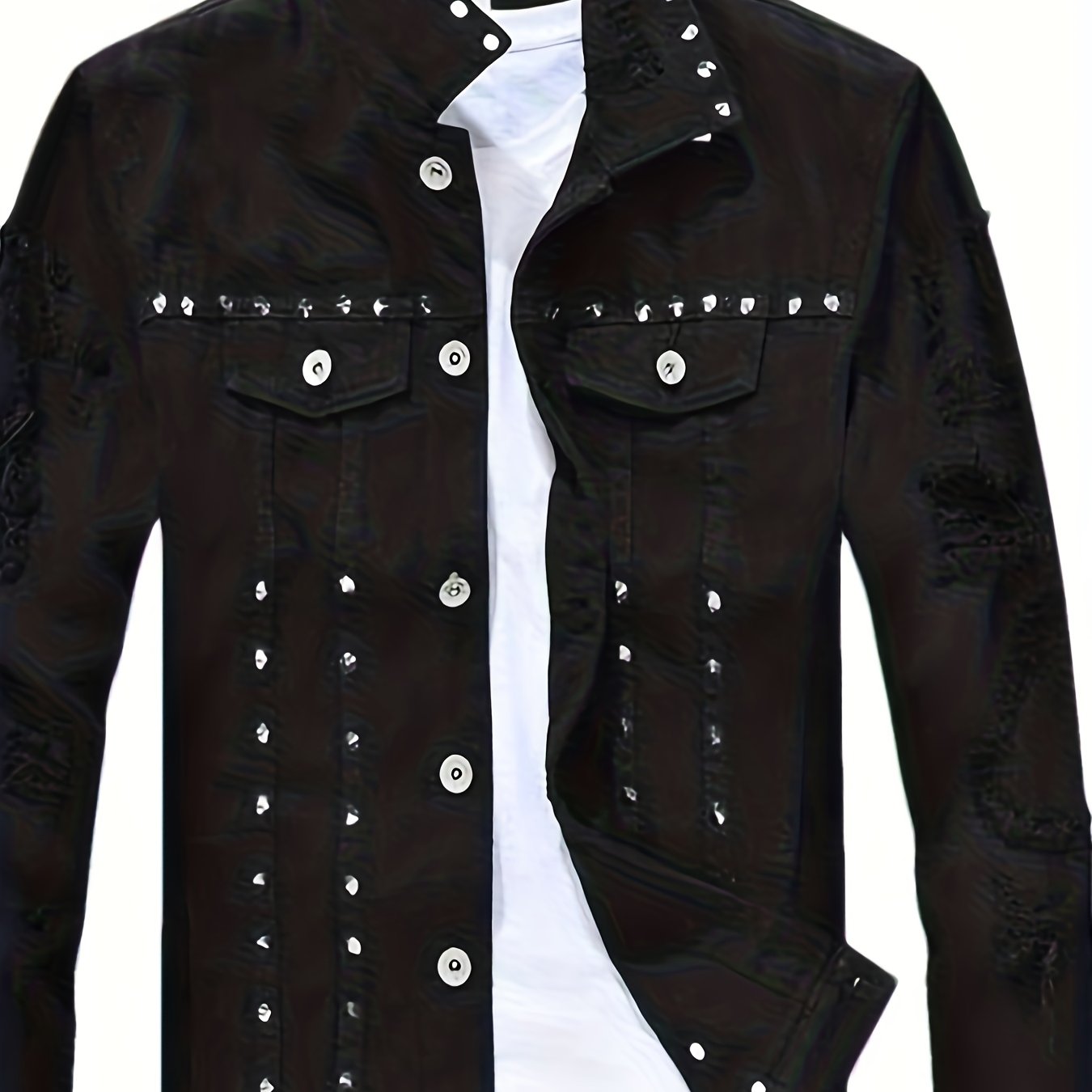 Image of [allsro]spring, Autumn And Winter Collection. Denim Jacket With Shiny Distressed Metal Decorative Workwear Style. Stylish Fashion, Slim Fit. Trendy And Casual Top For Streetwear