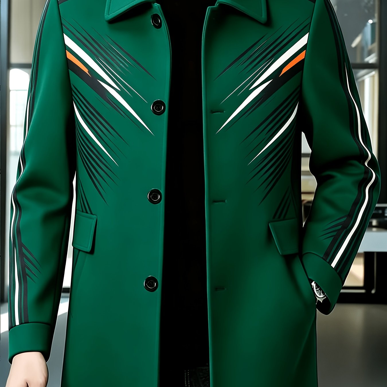 Image of Men' Diagonal Stripe Abstract Print Notch Lapel Single-breasted Mid-length