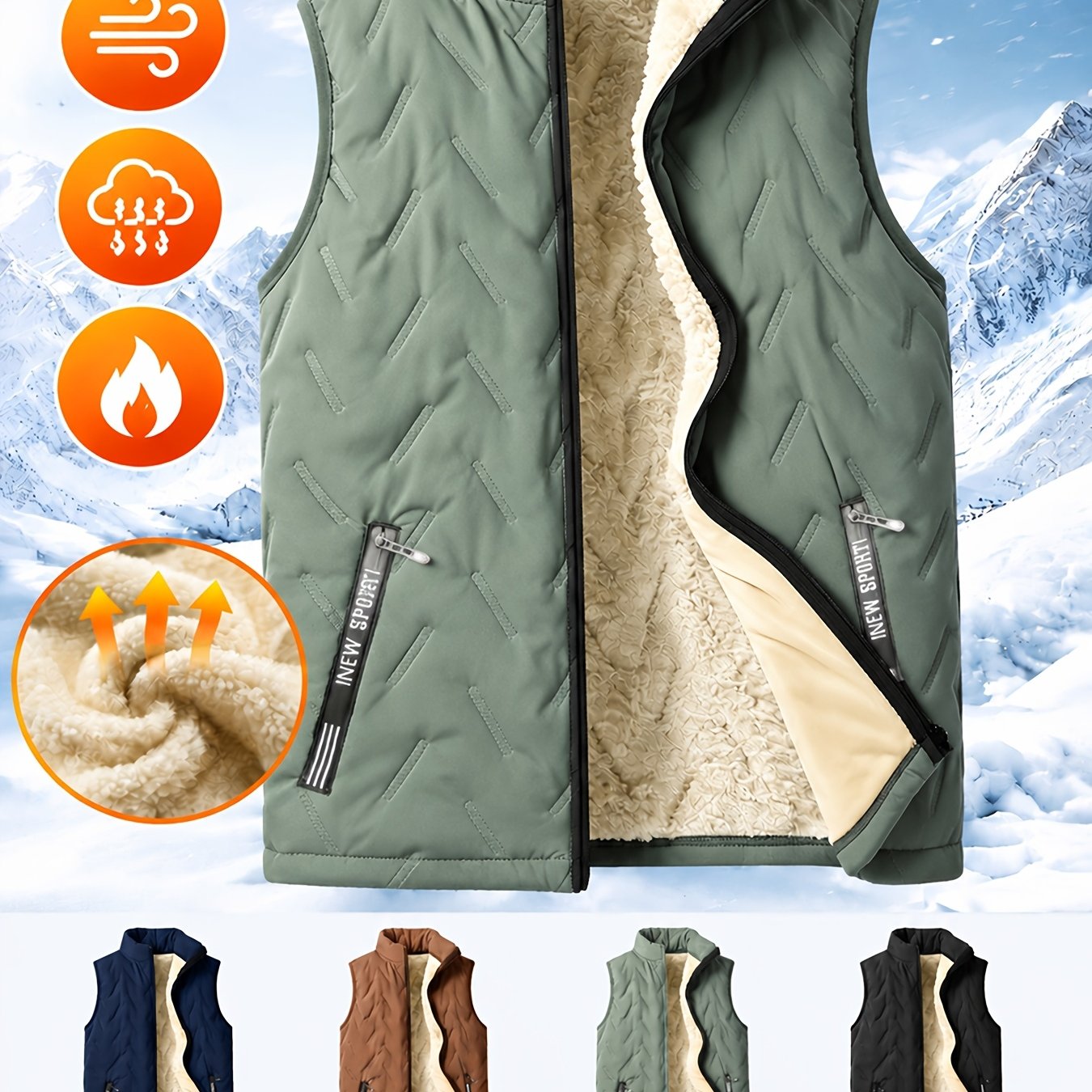TEMU Veste gilet pour homme à col , doublure épaisse, , fermeture éclair intégrale à l', poches de rangement à fermeture éclair latérale, coupe-vent