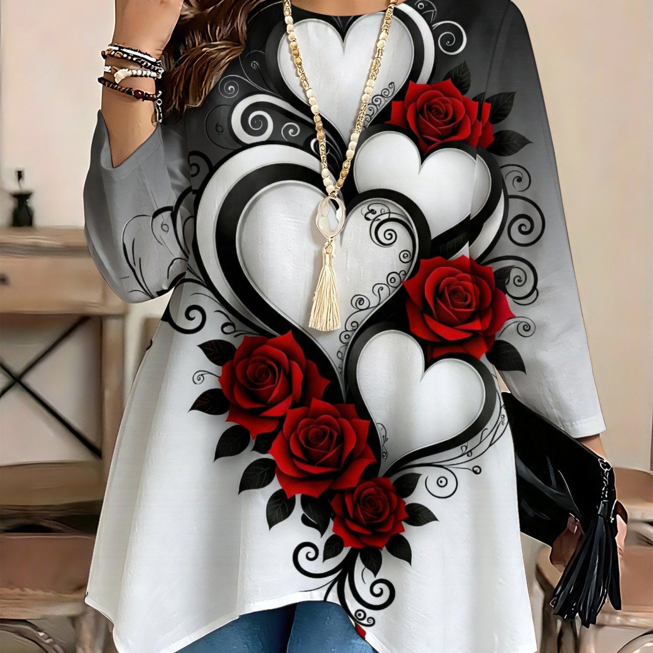 Image of Plus Size, Plus Size-plus Size-fashionable , Ladies' Long-sleeved Blouse With Round Neck And Asymmetric Hem Heart Rose Print Elegant Perfect For Spring And Summer Wear, For Women In Large Clothes.