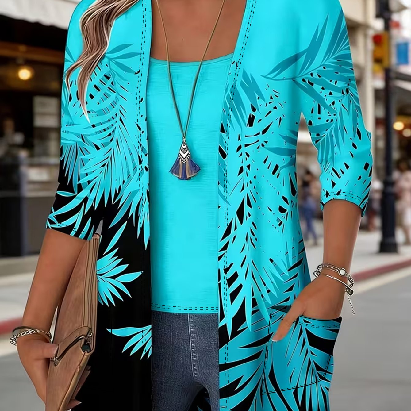 Image of Plus Size - Women'-piece Casual Set For Fall/winter: Tropical Leaf -quarter Sleeve Cardigan And Solid Top, Lightweight Loose Fit With Side Pockets For Everyday Wear