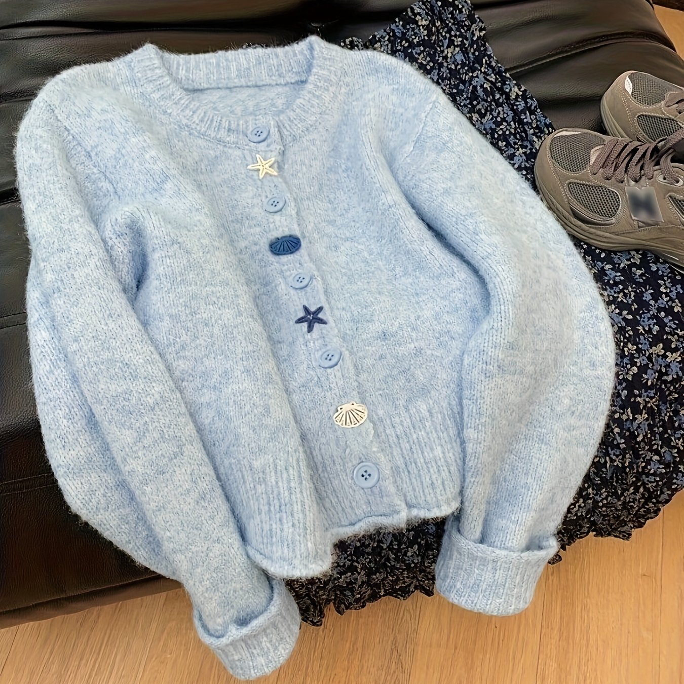 Ocean Element Cardigan, Romantic Elegant Commuter Style Sweater, Exquisite Round Neck Design, Easy And Open Front, Women's Outerwear Top